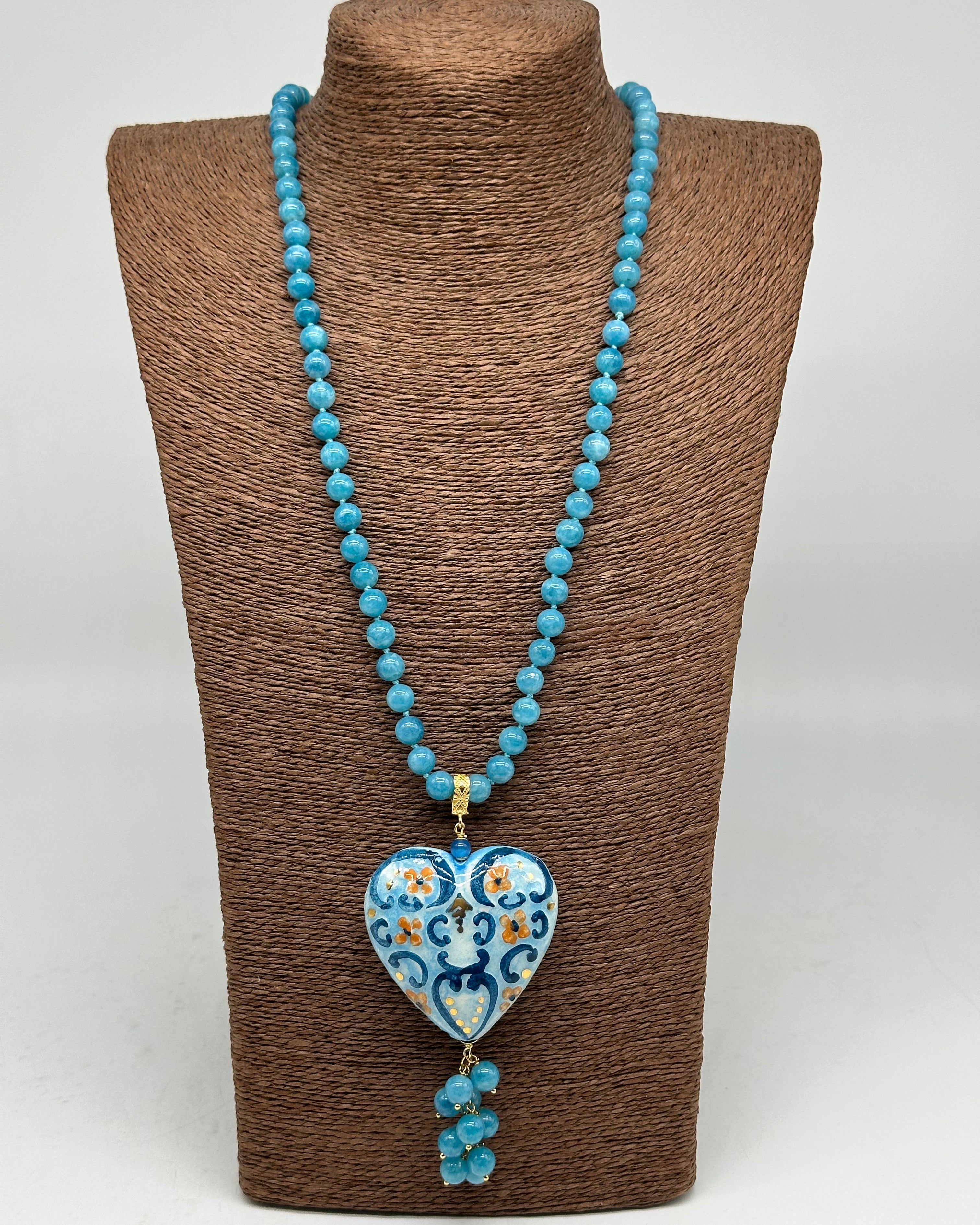 Collana Siciliana Cuore Sacro Ceramica di Caltagirone Toni Azzurro - COLLANA