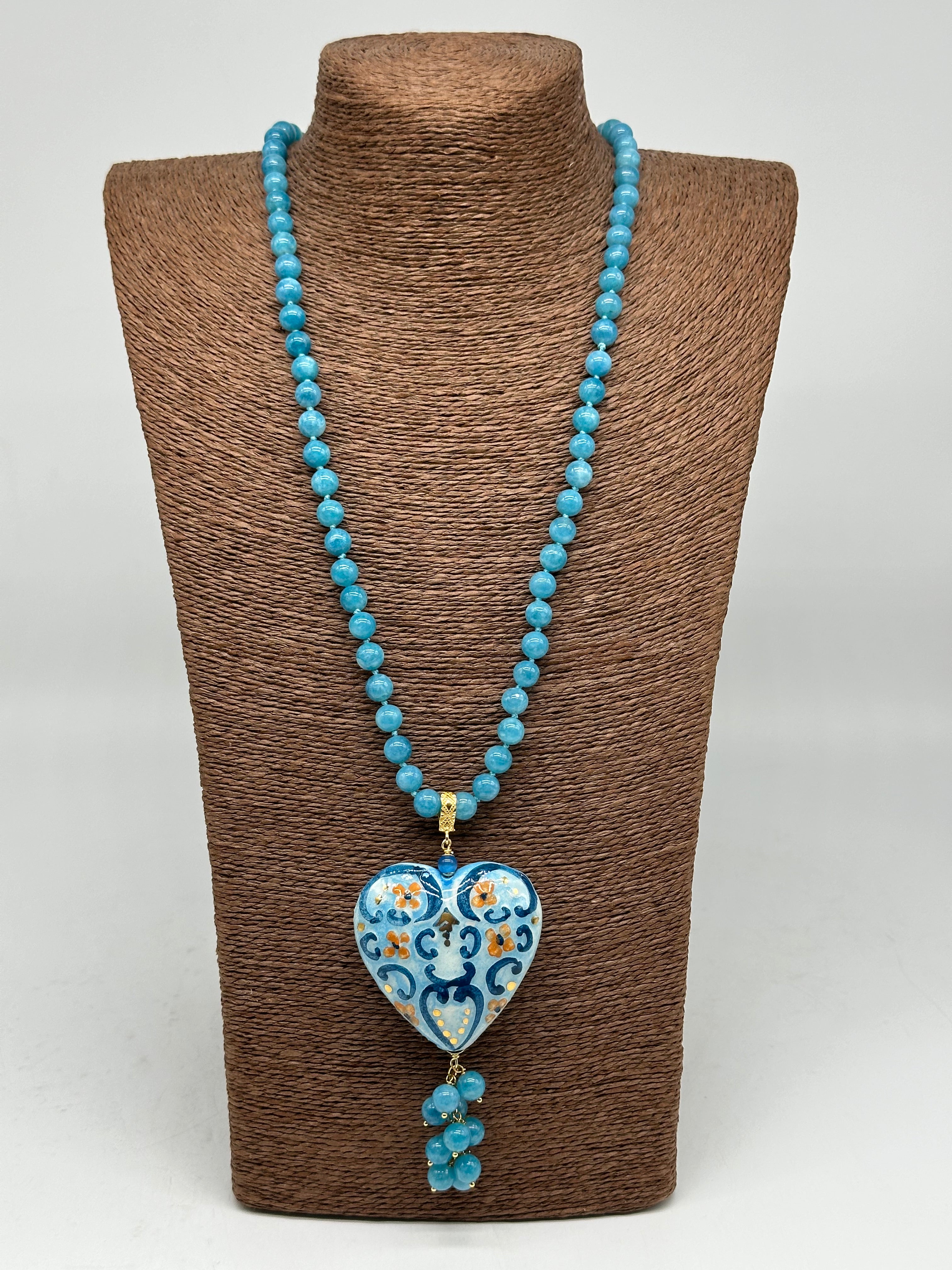 Collana Siciliana Cuore Sacro Ceramica di Caltagirone Toni Azzurro - COLLANA