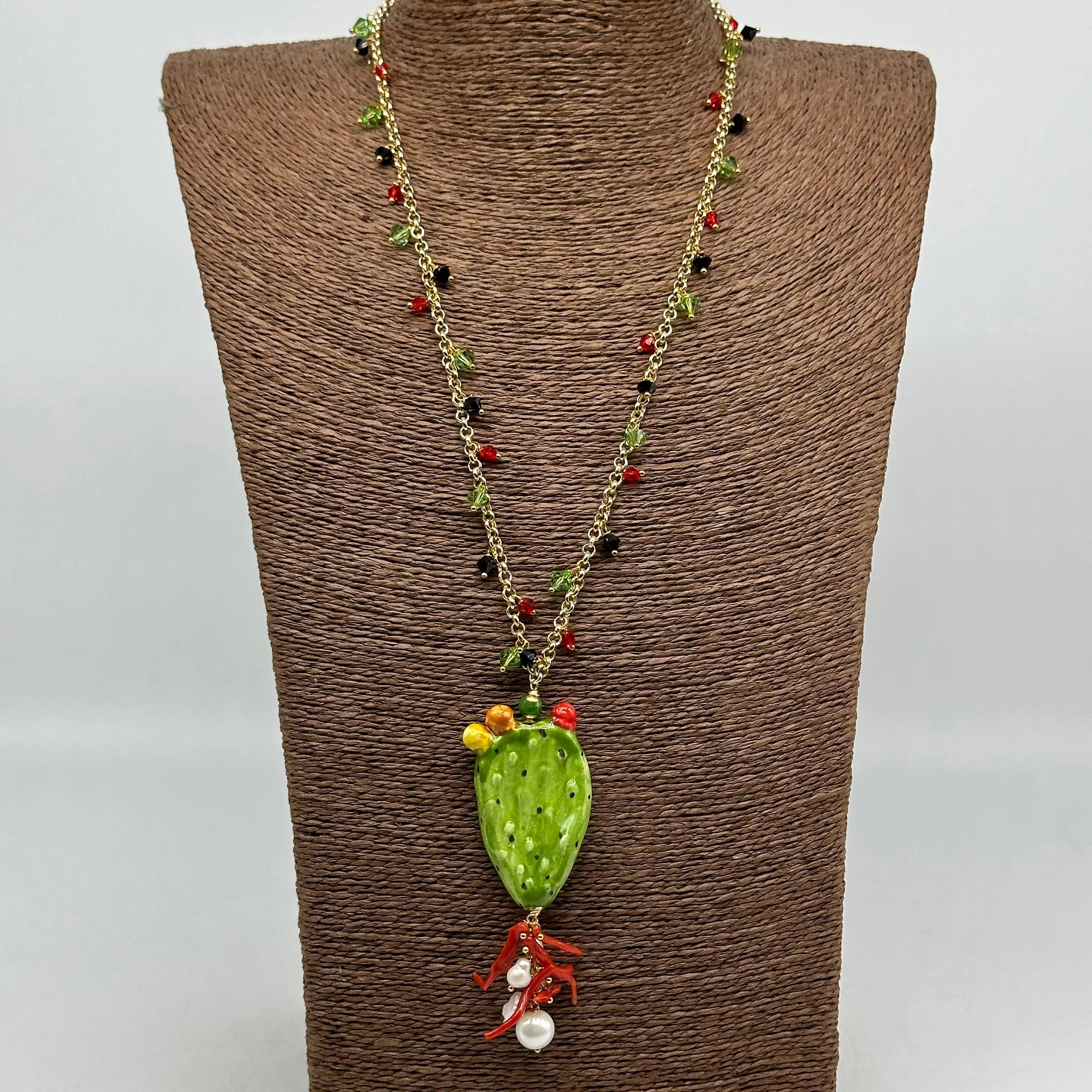 Collana Siciliana Fico d'India in Ceramica di Caltagirone, pietre, corallo, catena dorata V.2 DD CERAMICHE SICILIANE