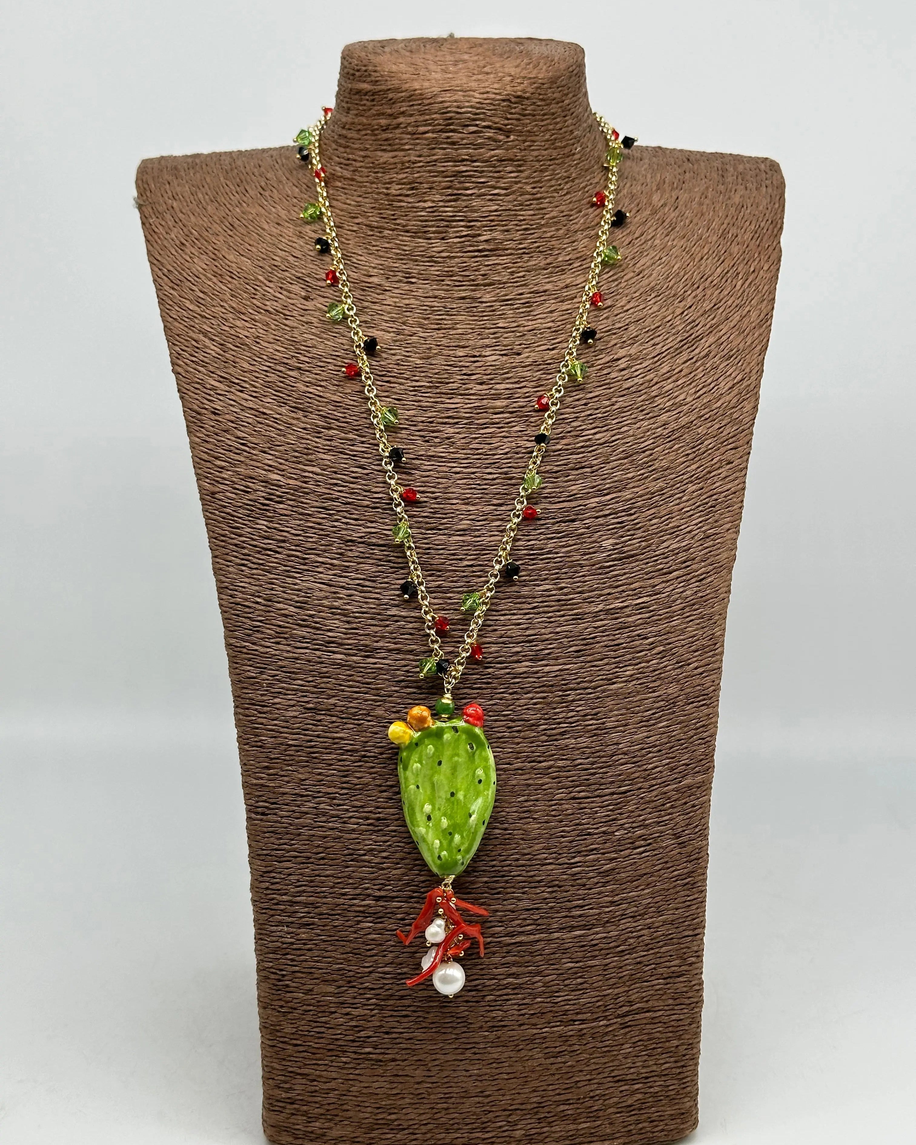 Collana Siciliana Fico d'India in Ceramica di Caltagirone, pietre, corallo, catena dorata V.2 DD CERAMICHE SICILIANE