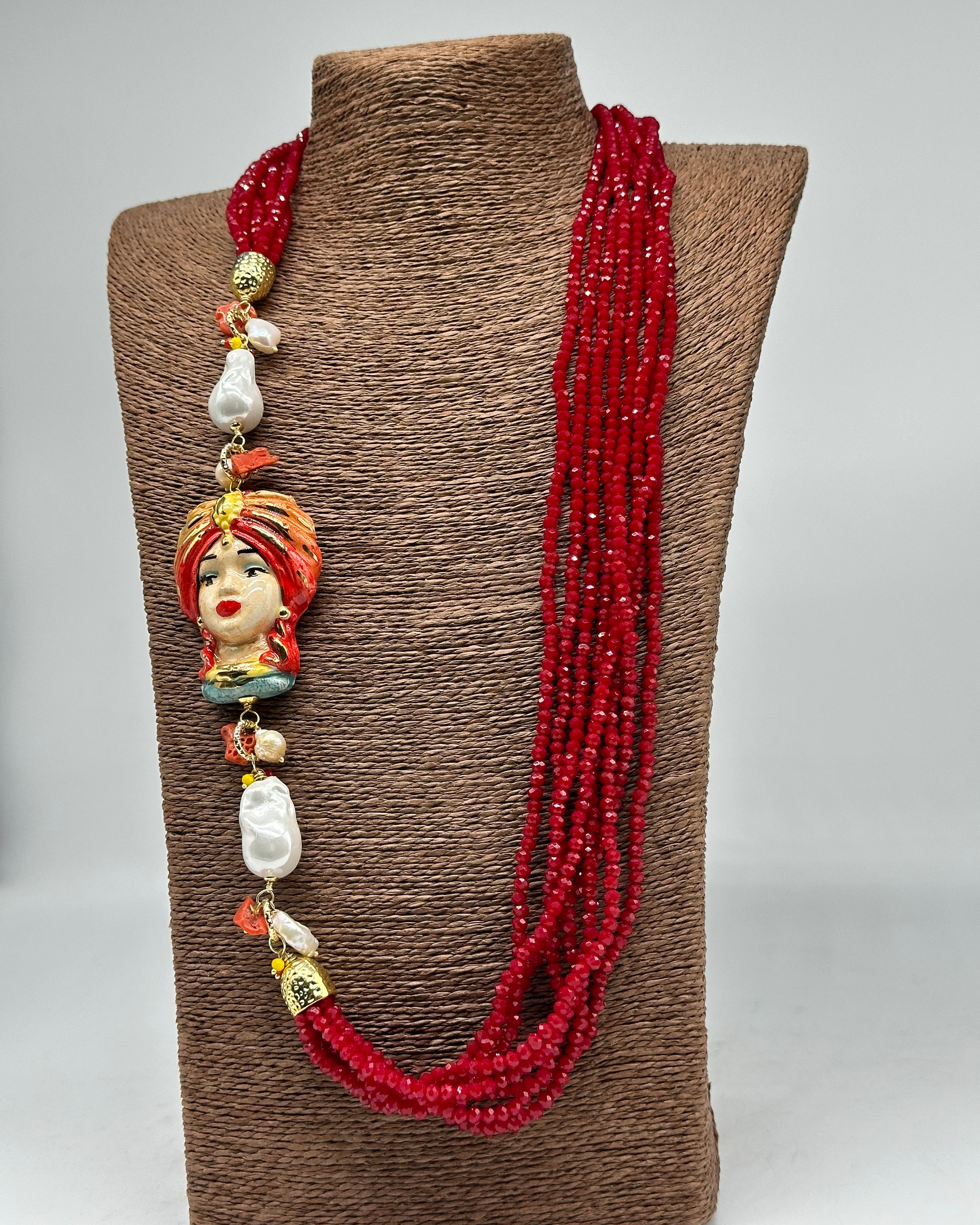 Collana Siciliana Multifilo Testa di Moro “Atena” Ceramica di Caltagirone V.1 - COLLANA