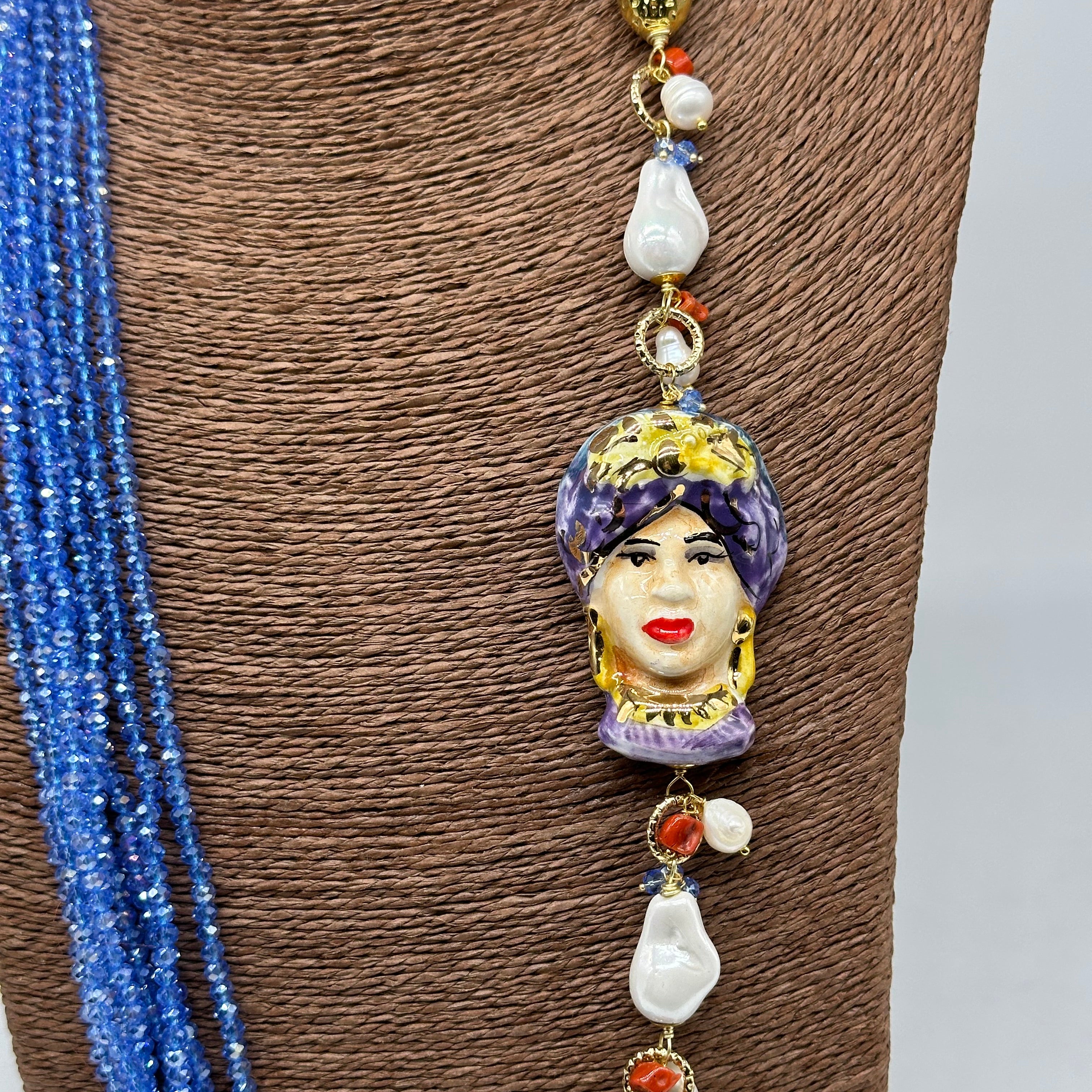 Collana Siciliana Testa di Moro Ceramica di Caltagirone Pietre Celeste V.3 - COLLANA