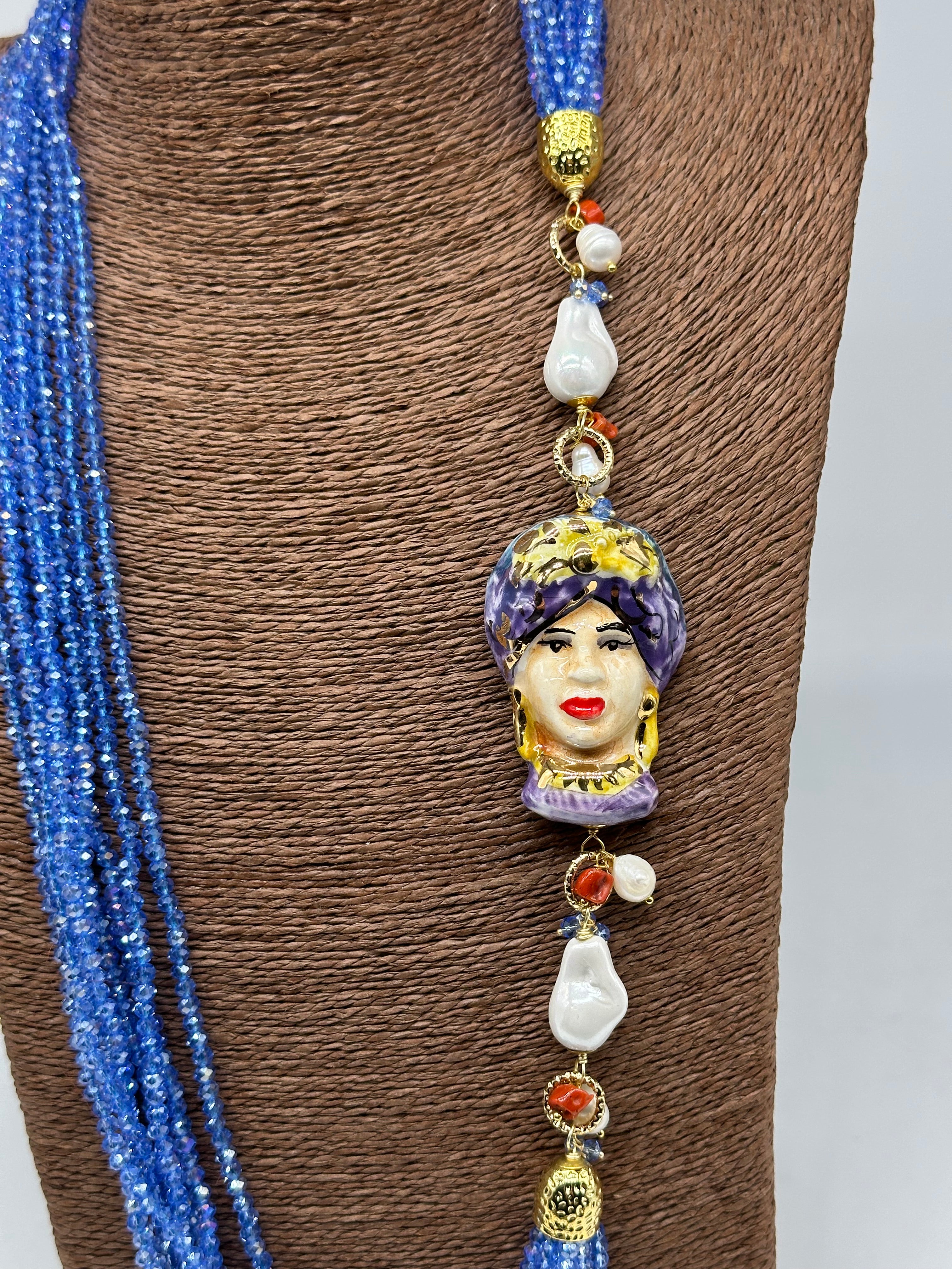 Collana Siciliana Testa di Moro Ceramica di Caltagirone Pietre Celeste V.3 - COLLANA