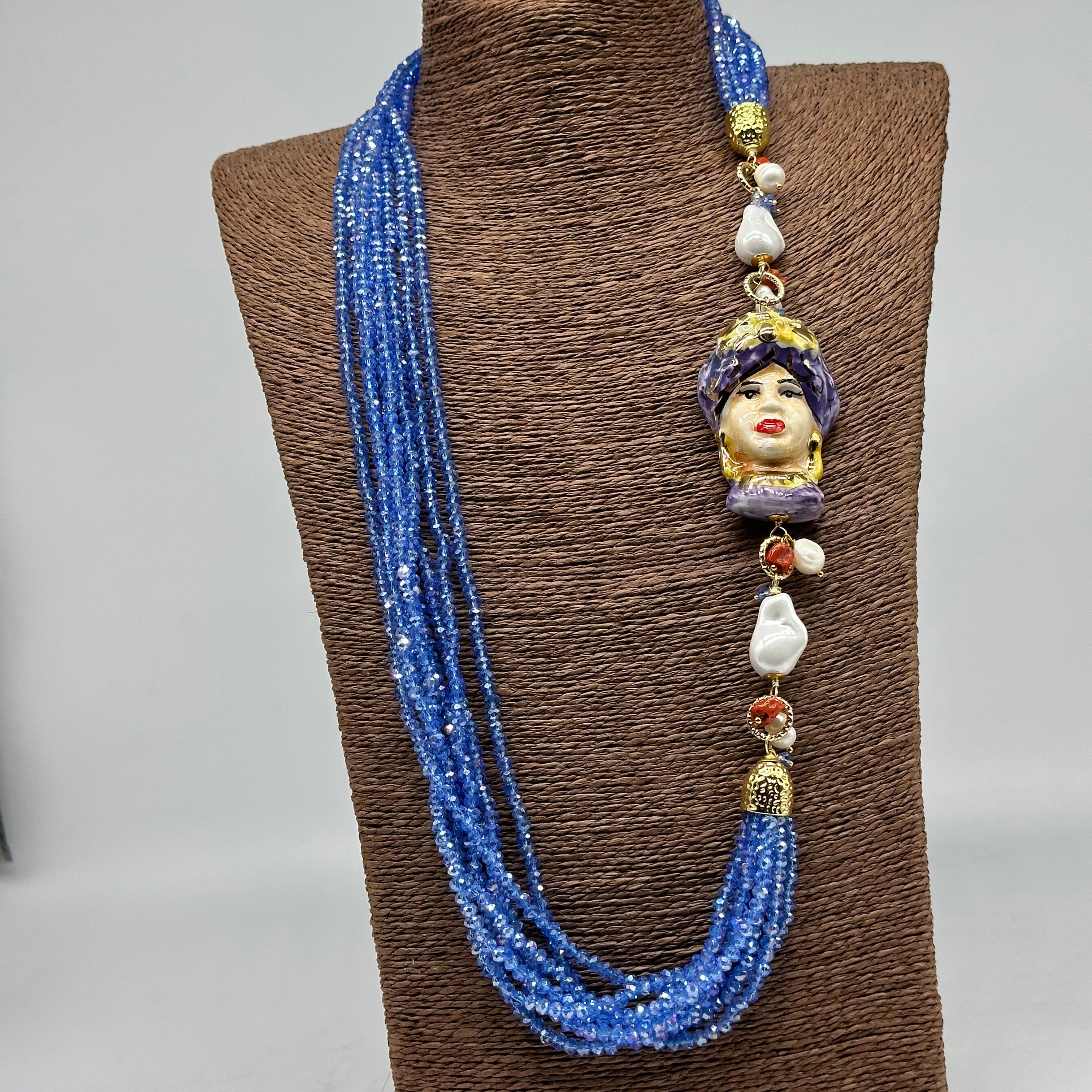 Collana Siciliana Testa di Moro Ceramica di Caltagirone Pietre Celeste V.3 - COLLANA