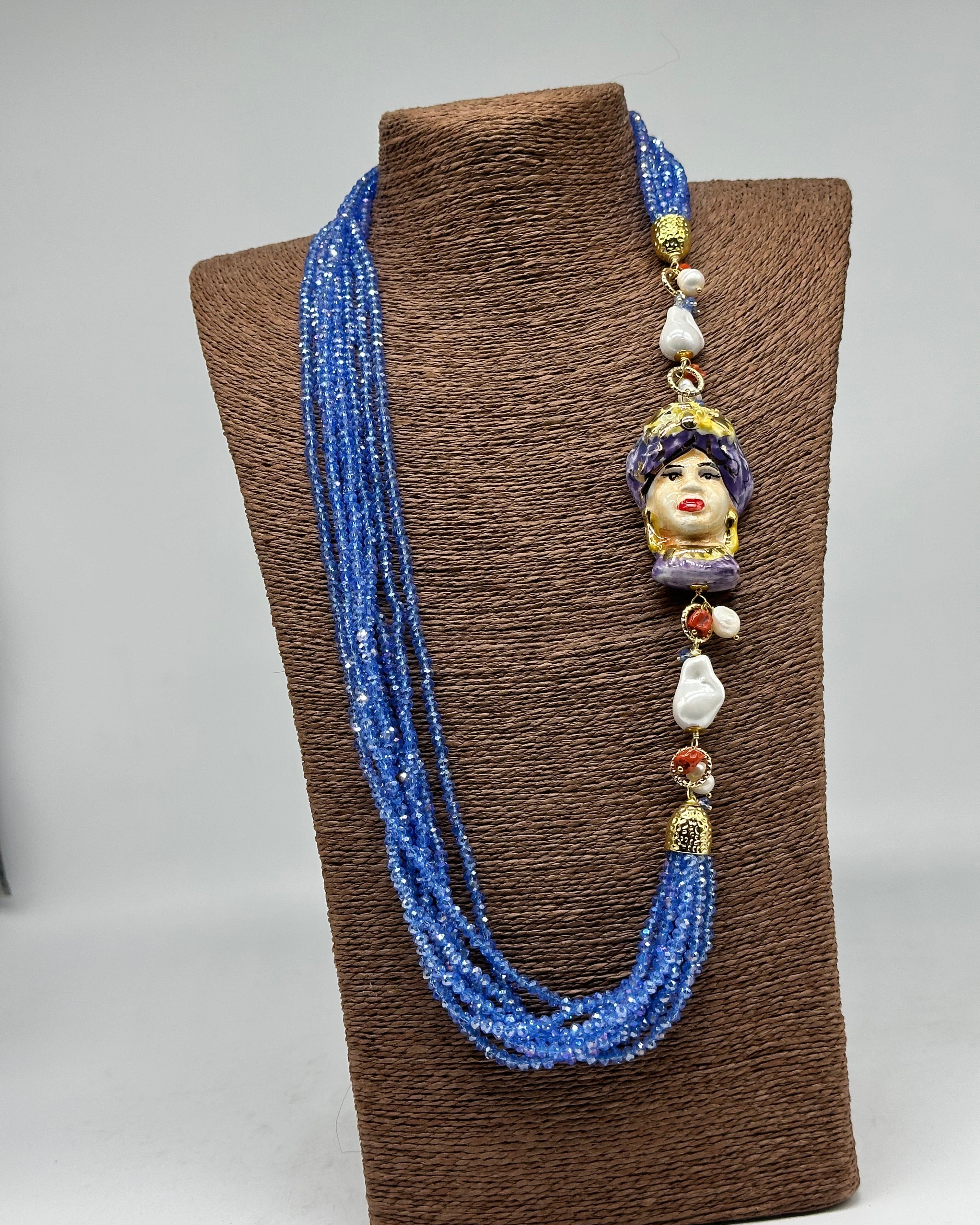 Collana Siciliana Testa di Moro Ceramica di Caltagirone Pietre Celeste V.3 - COLLANA