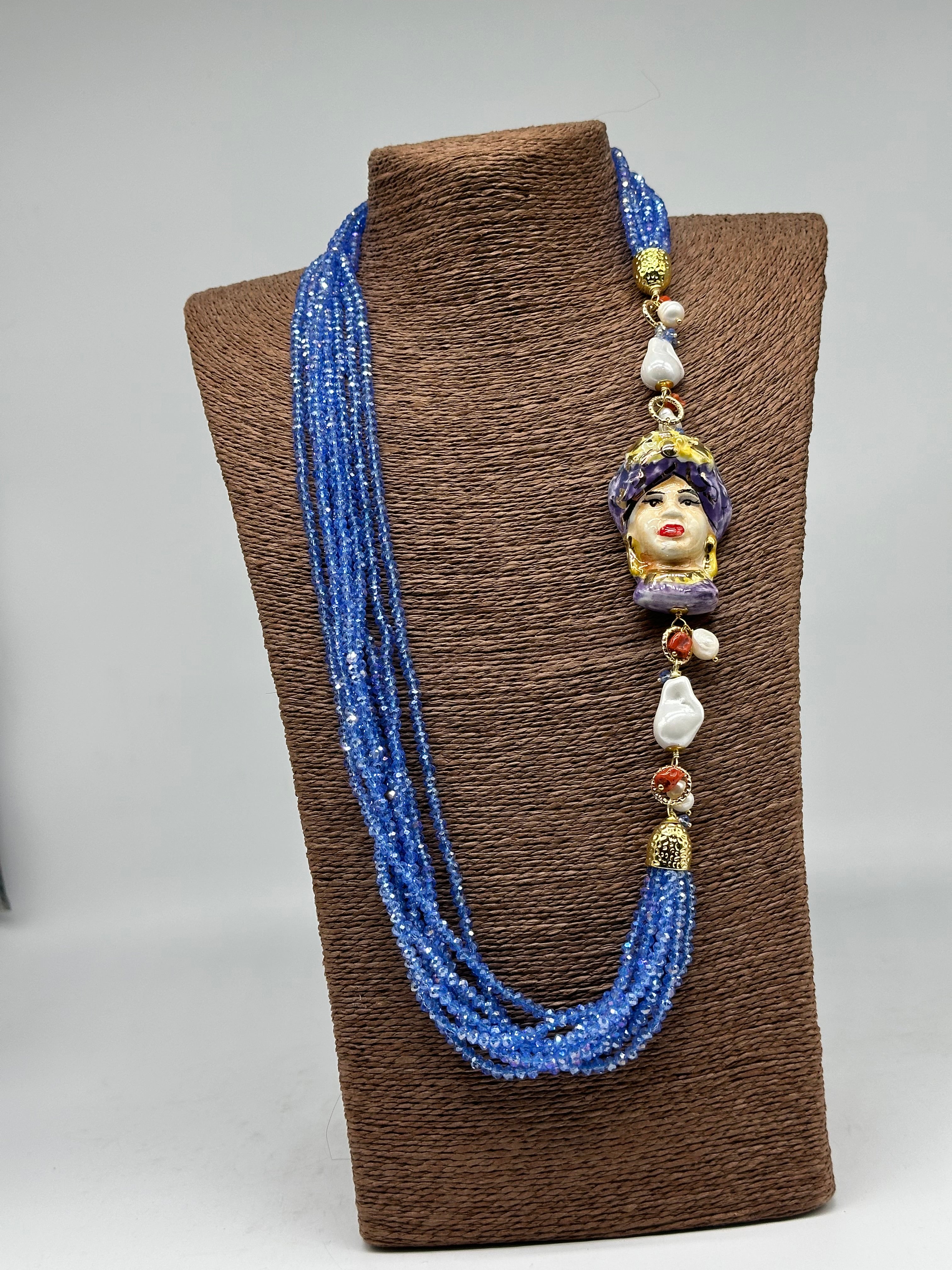 Collana Siciliana Testa di Moro Ceramica di Caltagirone Pietre Celeste V.3 - COLLANA