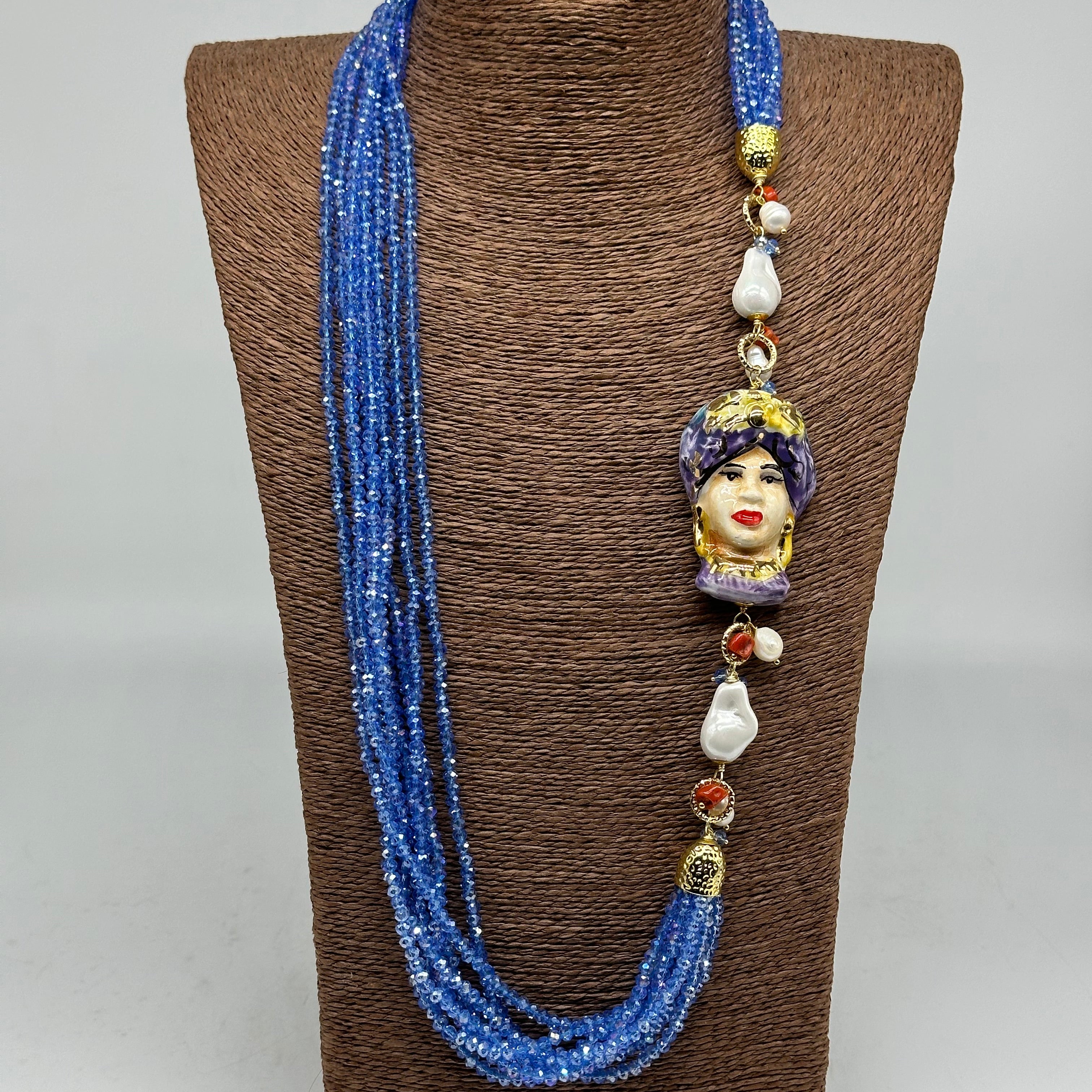 Collana Siciliana Testa di Moro Ceramica di Caltagirone Pietre Celeste V.3 - COLLANA