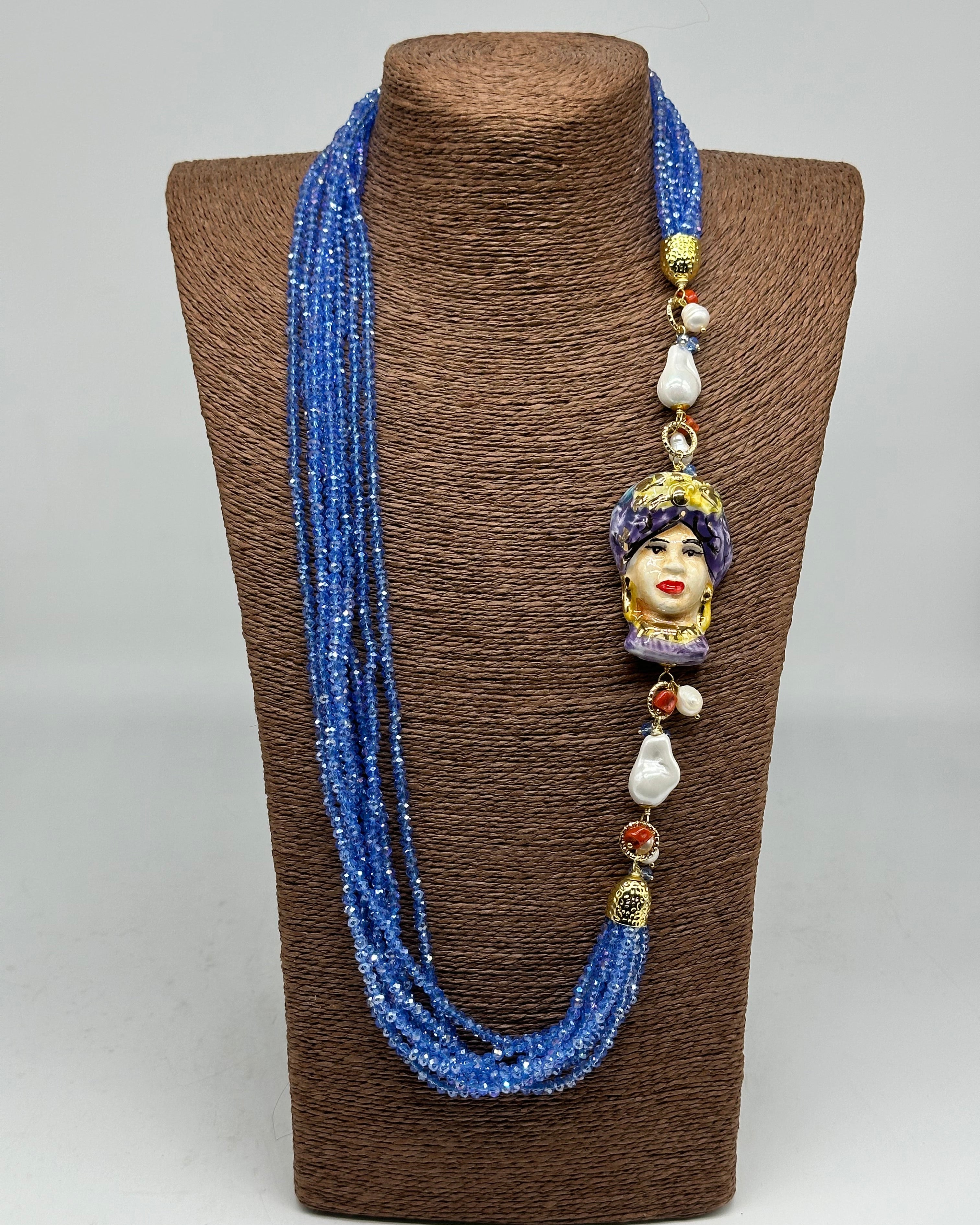 Collana Siciliana Testa di Moro Ceramica di Caltagirone Pietre Celeste V.3 - COLLANA