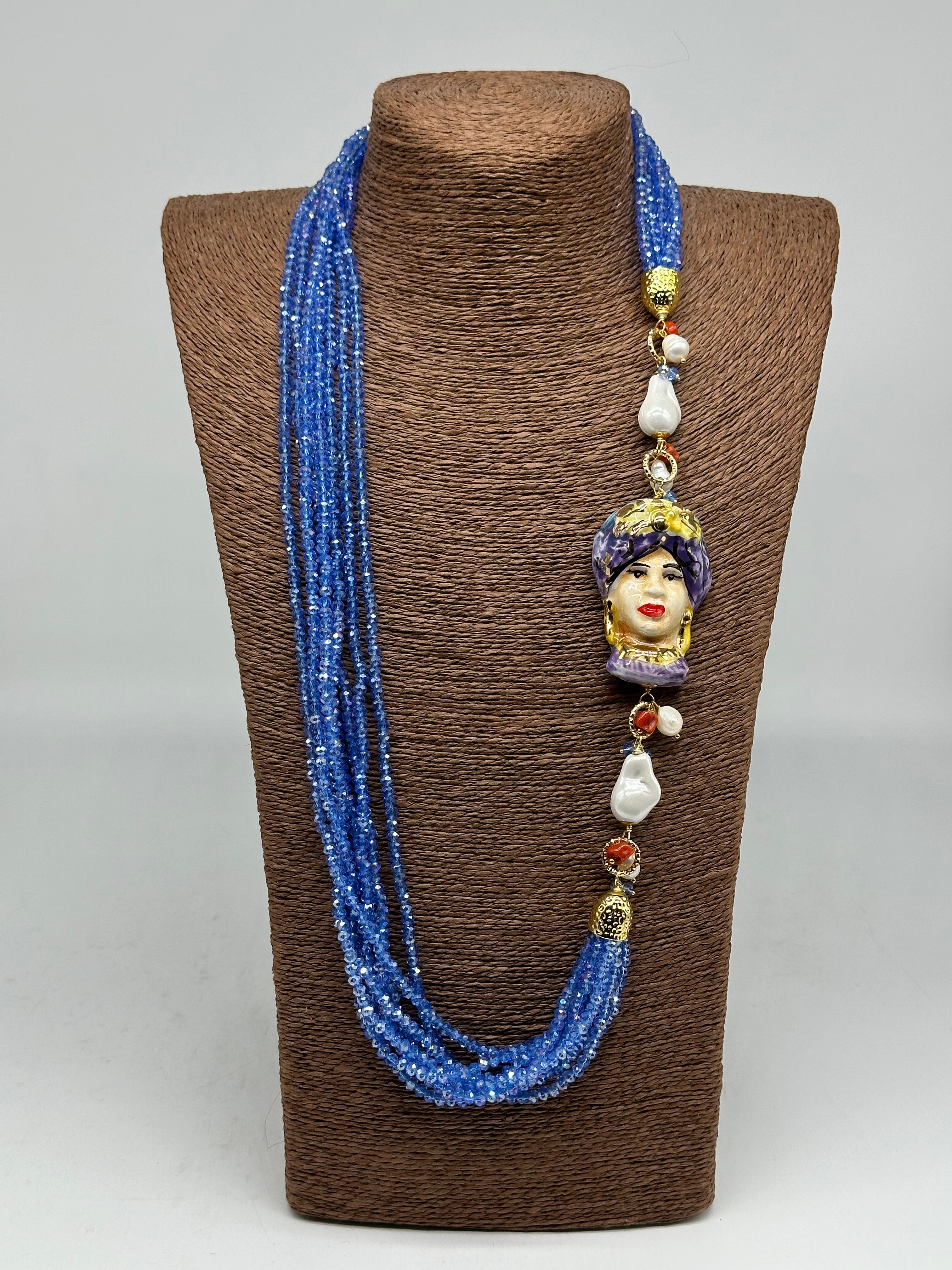 Collana Siciliana Testa di Moro Ceramica di Caltagirone Pietre Celeste V.3 - COLLANA