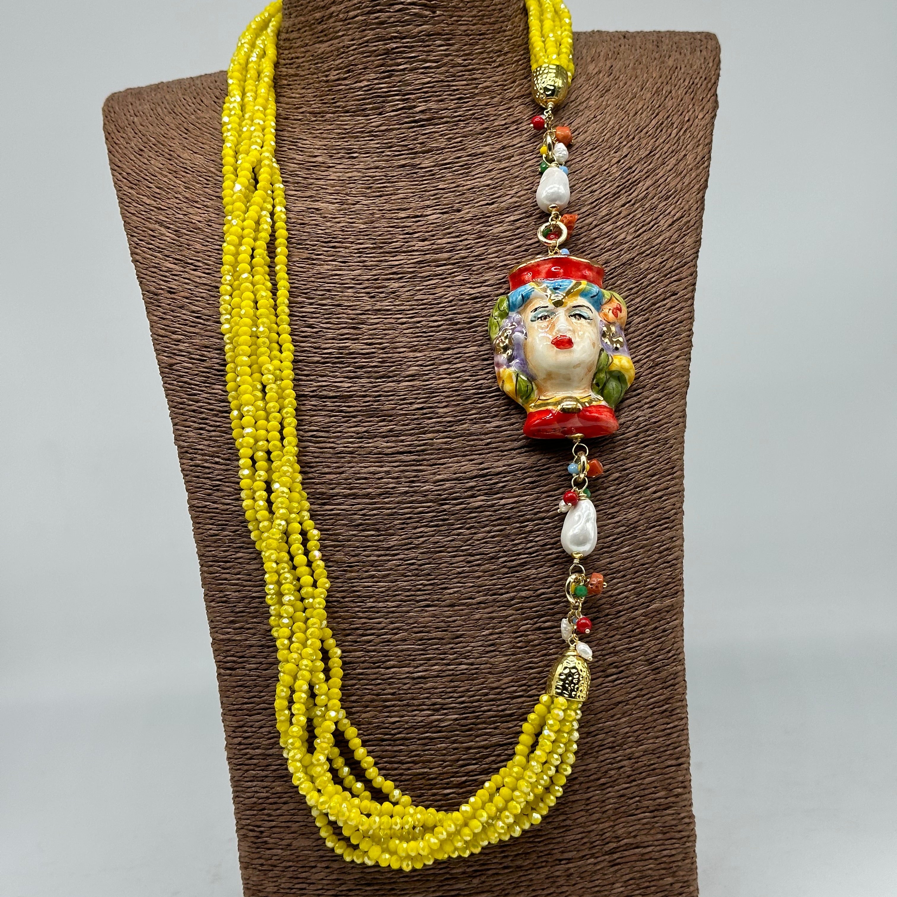 Collana Siciliana Testa di Moro Ceramica di Caltagirone Pietre Giallo V.2 - COLLANA