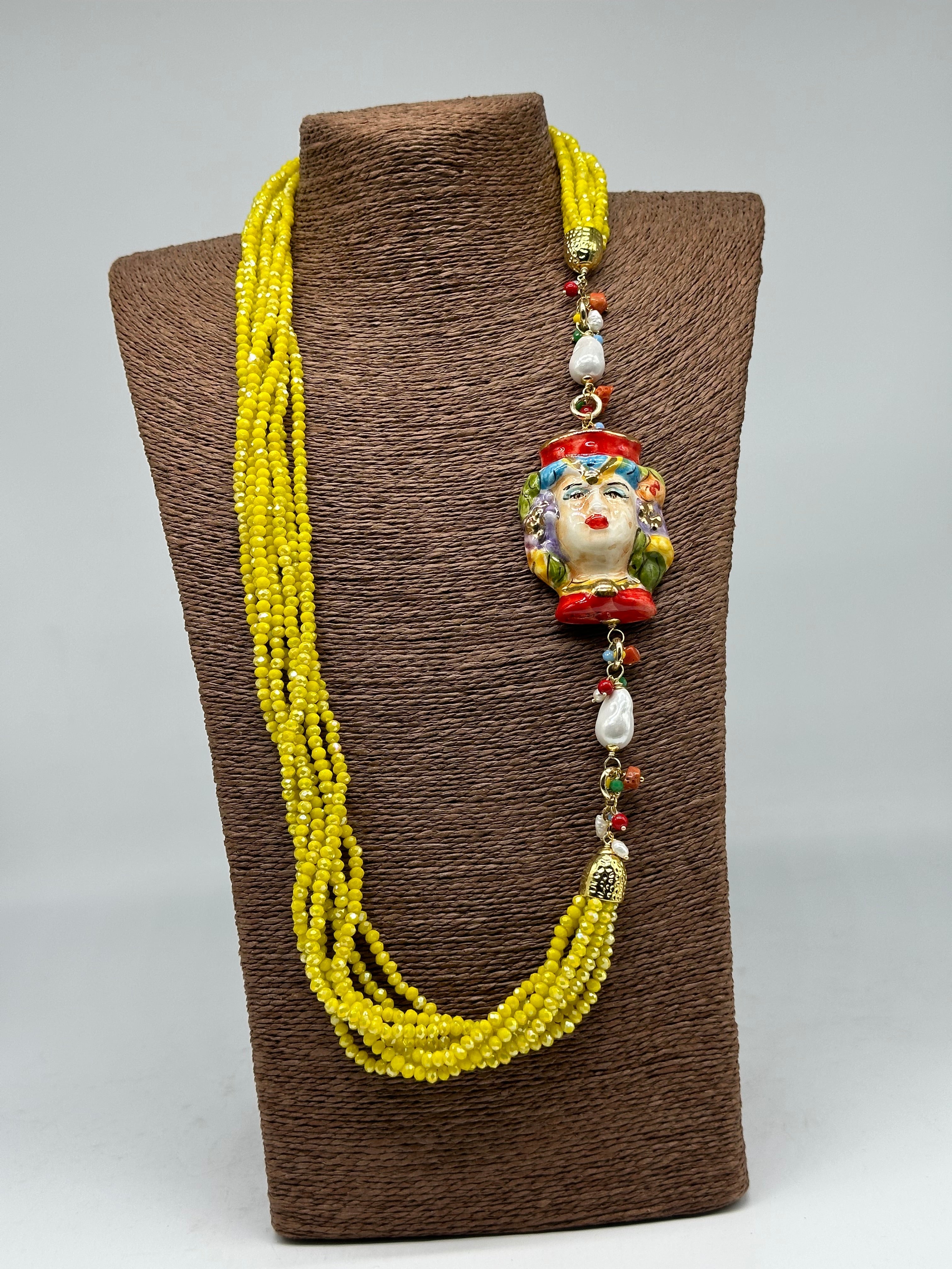 Collana Siciliana Testa di Moro Ceramica di Caltagirone Pietre Giallo V.2 - COLLANA