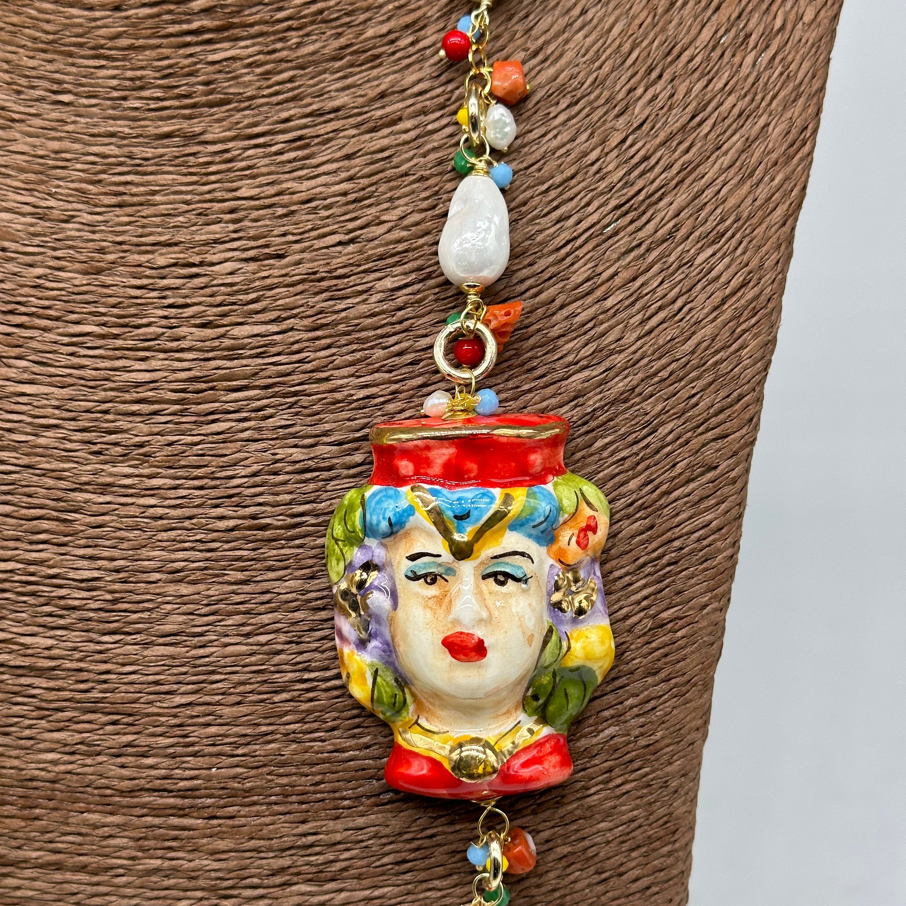 Collana Siciliana Testa di Moro Ceramica di Caltagirone Pietre Giallo V.2 - COLLANA