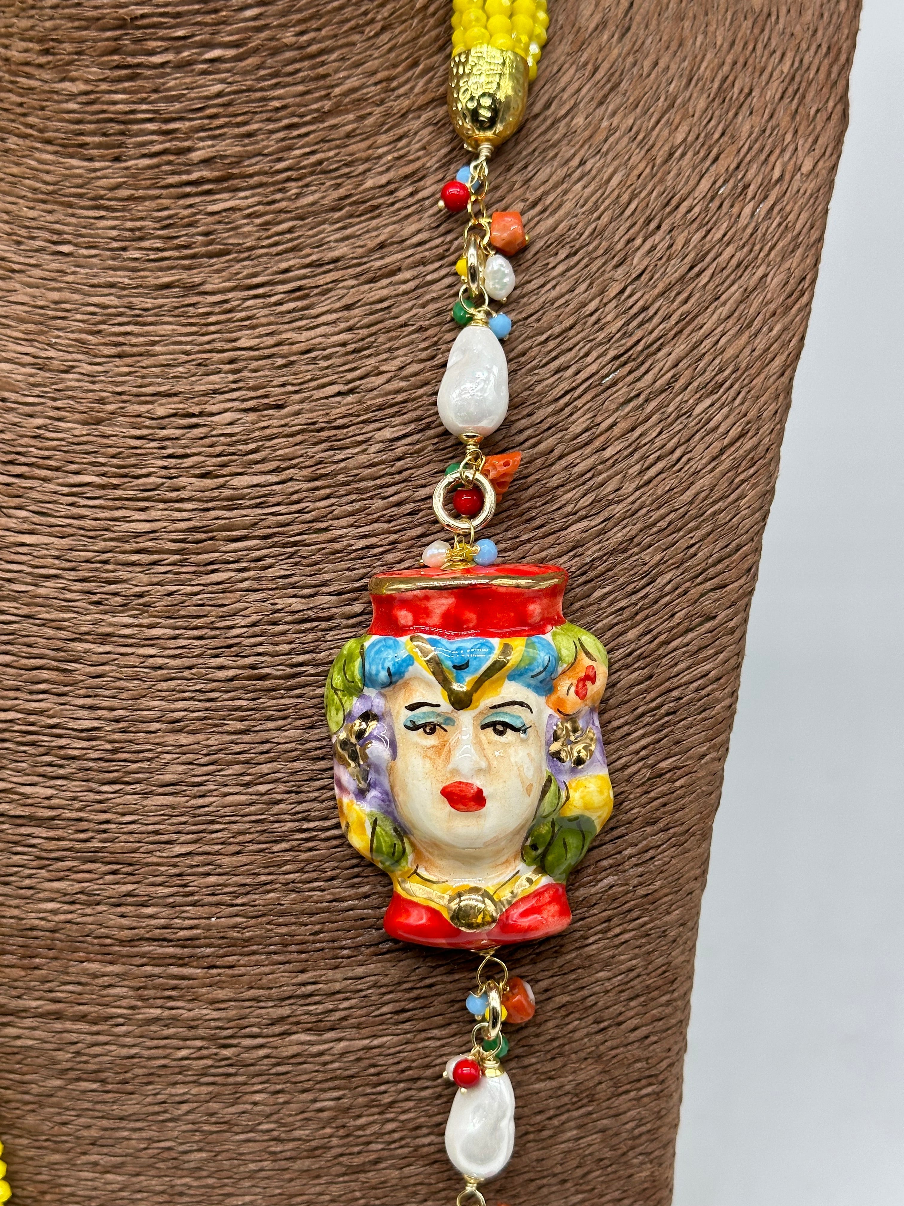 Collana Siciliana Testa di Moro Ceramica di Caltagirone Pietre Giallo V.2 - COLLANA