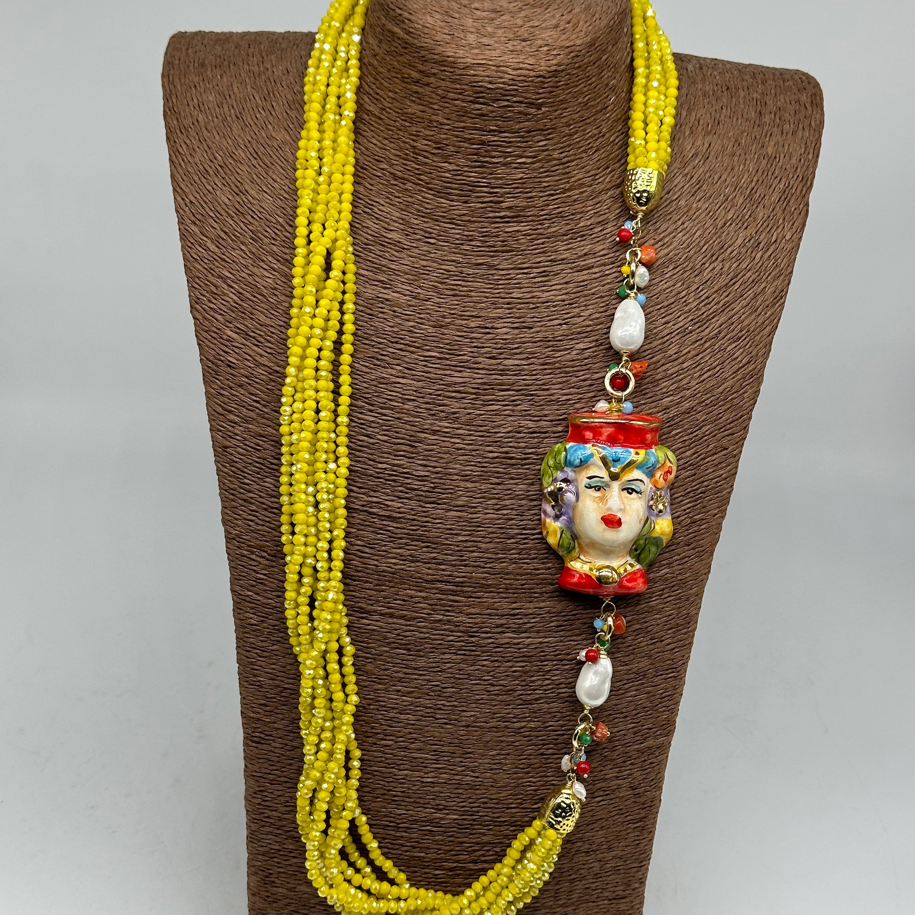 Collana Siciliana Testa di Moro Ceramica di Caltagirone Pietre Giallo V.2 - COLLANA