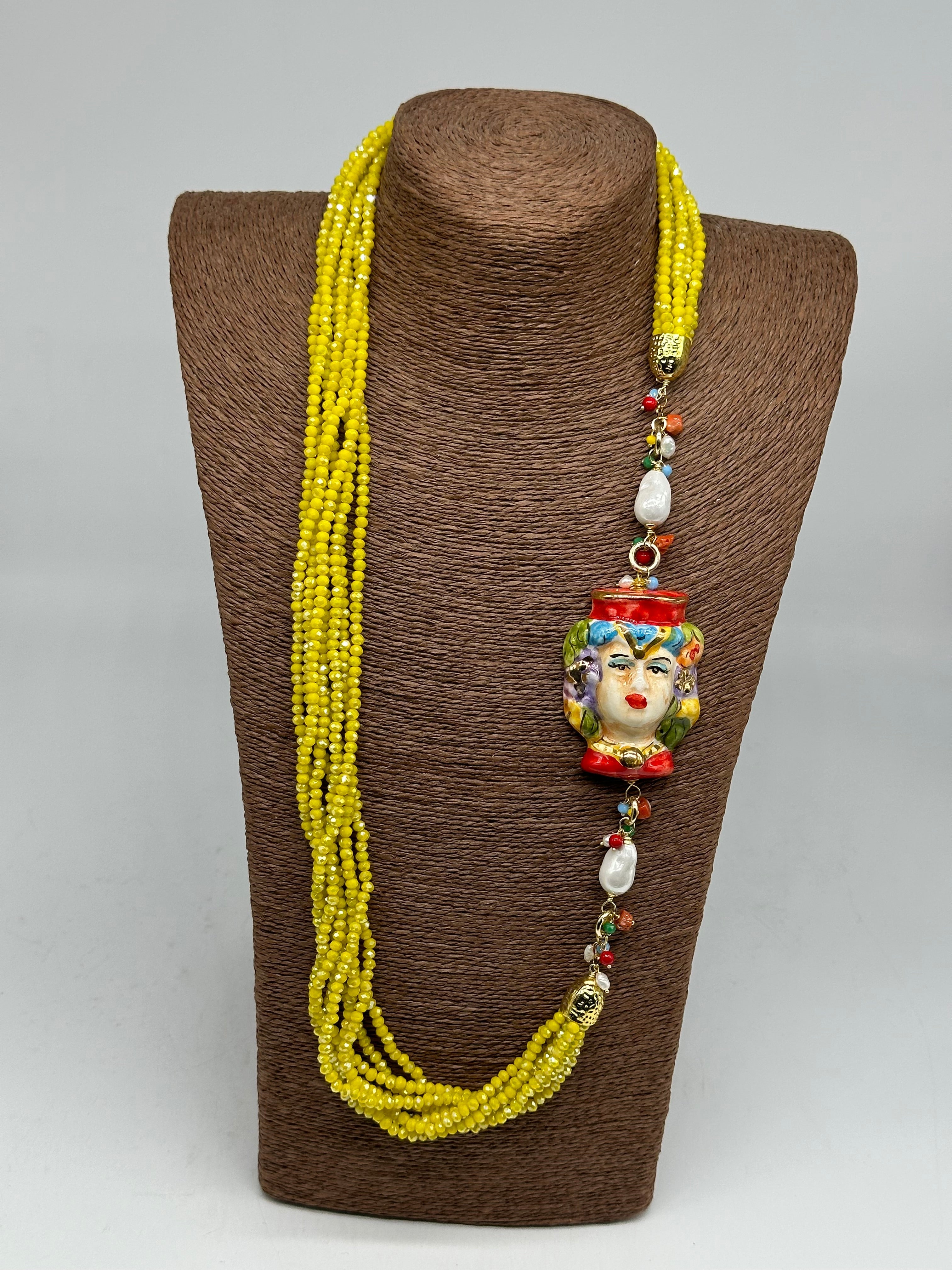 Collana Siciliana Testa di Moro Ceramica di Caltagirone Pietre Giallo V.2 - COLLANA