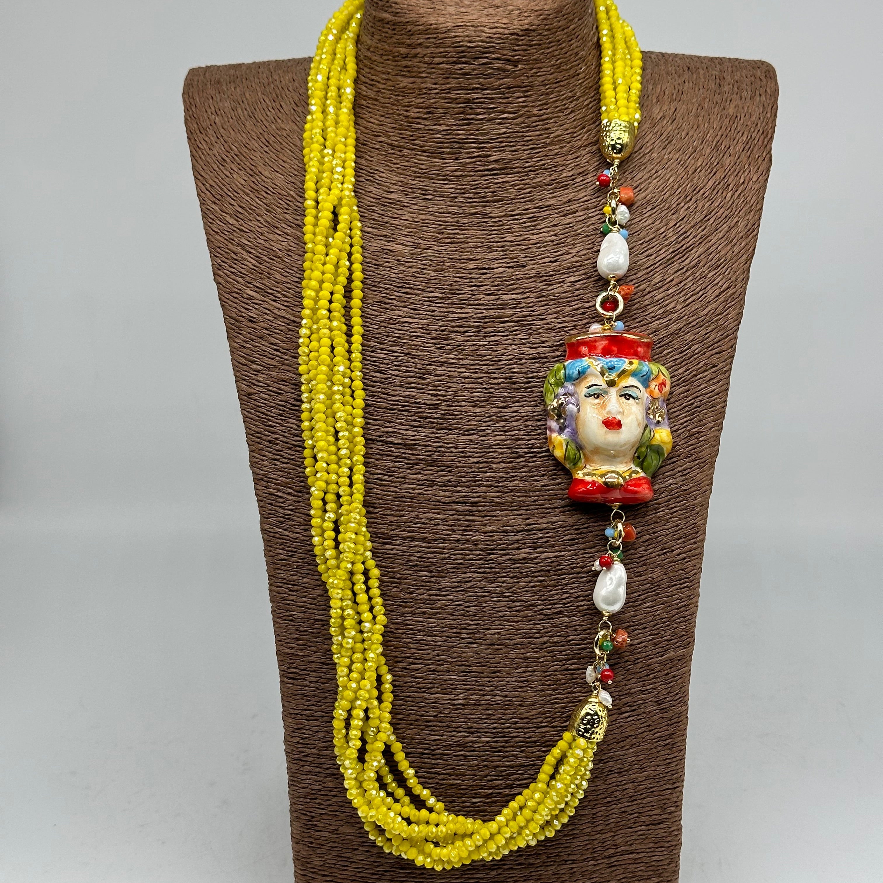 Collana Siciliana Testa di Moro Ceramica di Caltagirone Pietre Giallo V.2 - COLLANA