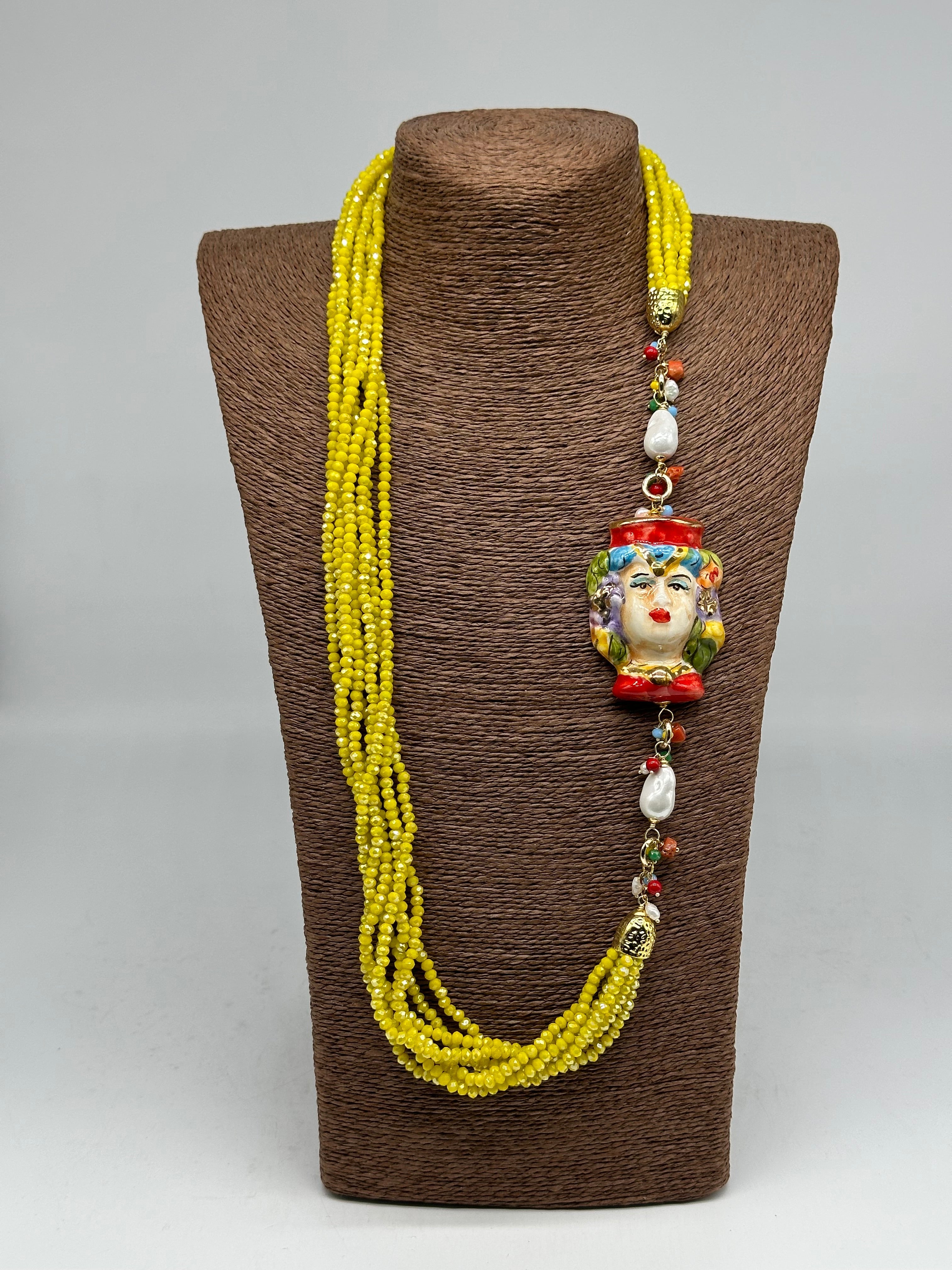 Collana Siciliana Testa di Moro Ceramica di Caltagirone Pietre Giallo V.2 - COLLANA