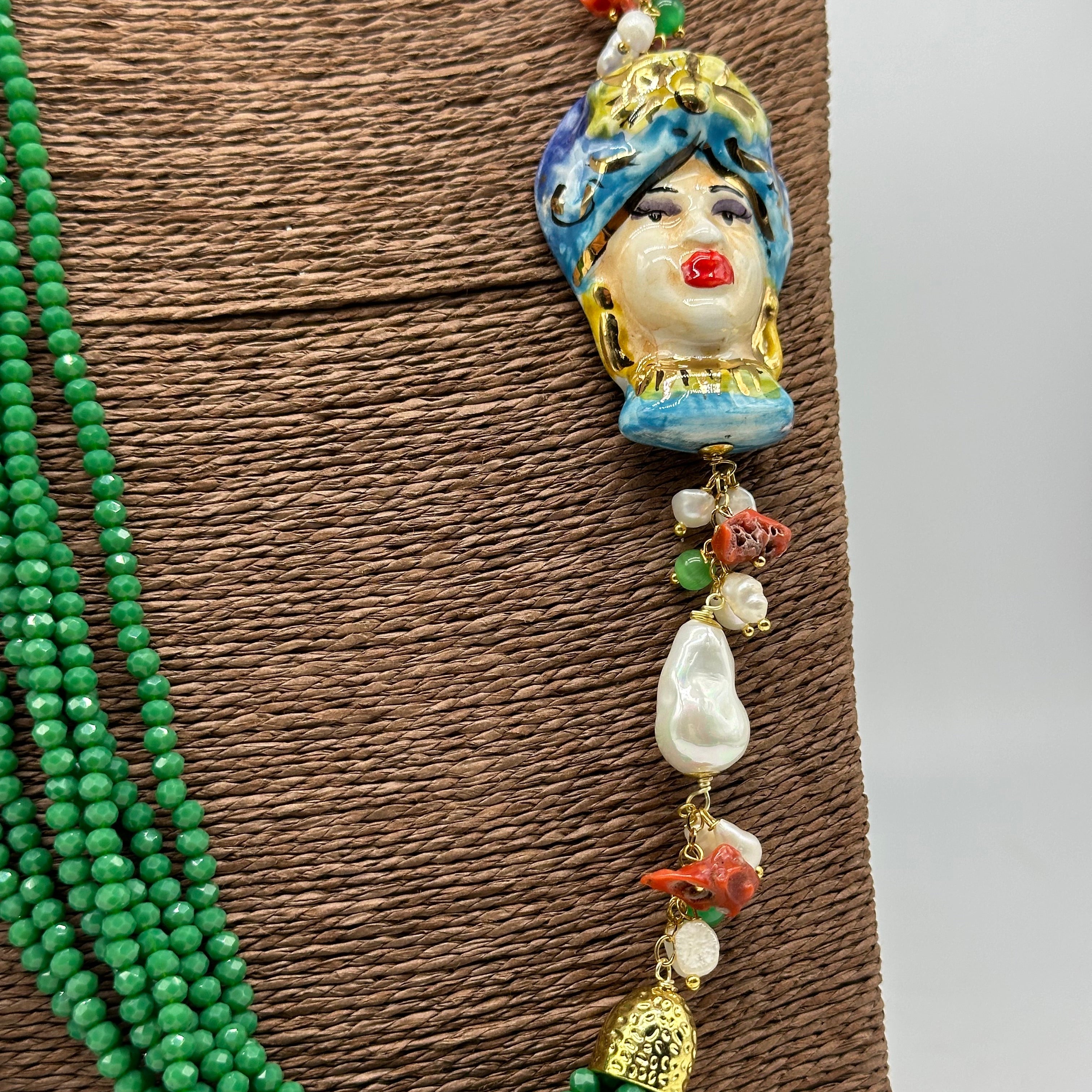 Collana Siciliana Testa di Moro Ceramica di Caltagirone Pietre Verde V.2 - COLLANA