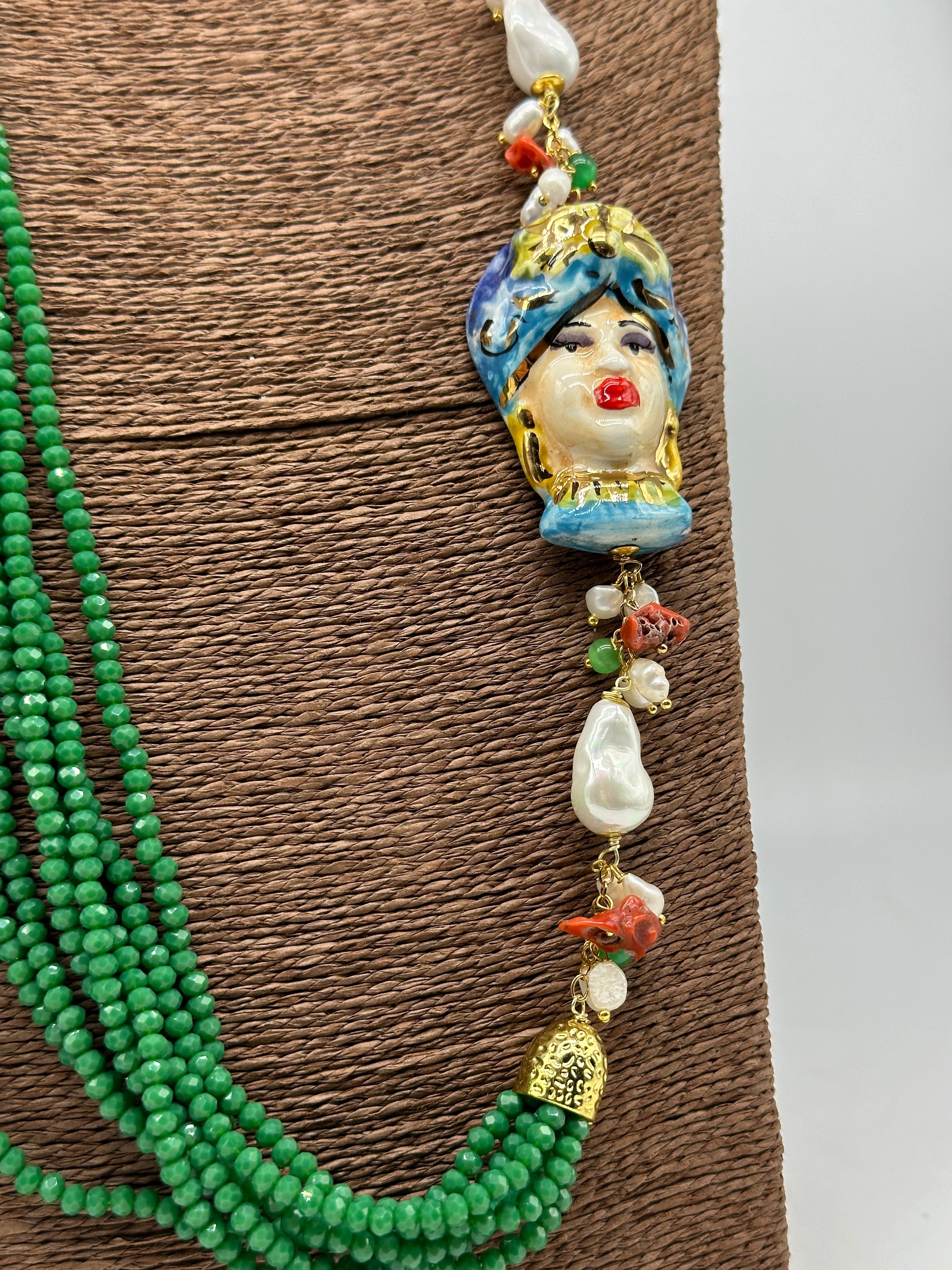 Collana Siciliana Testa di Moro Ceramica di Caltagirone Pietre Verde V.2 - COLLANA