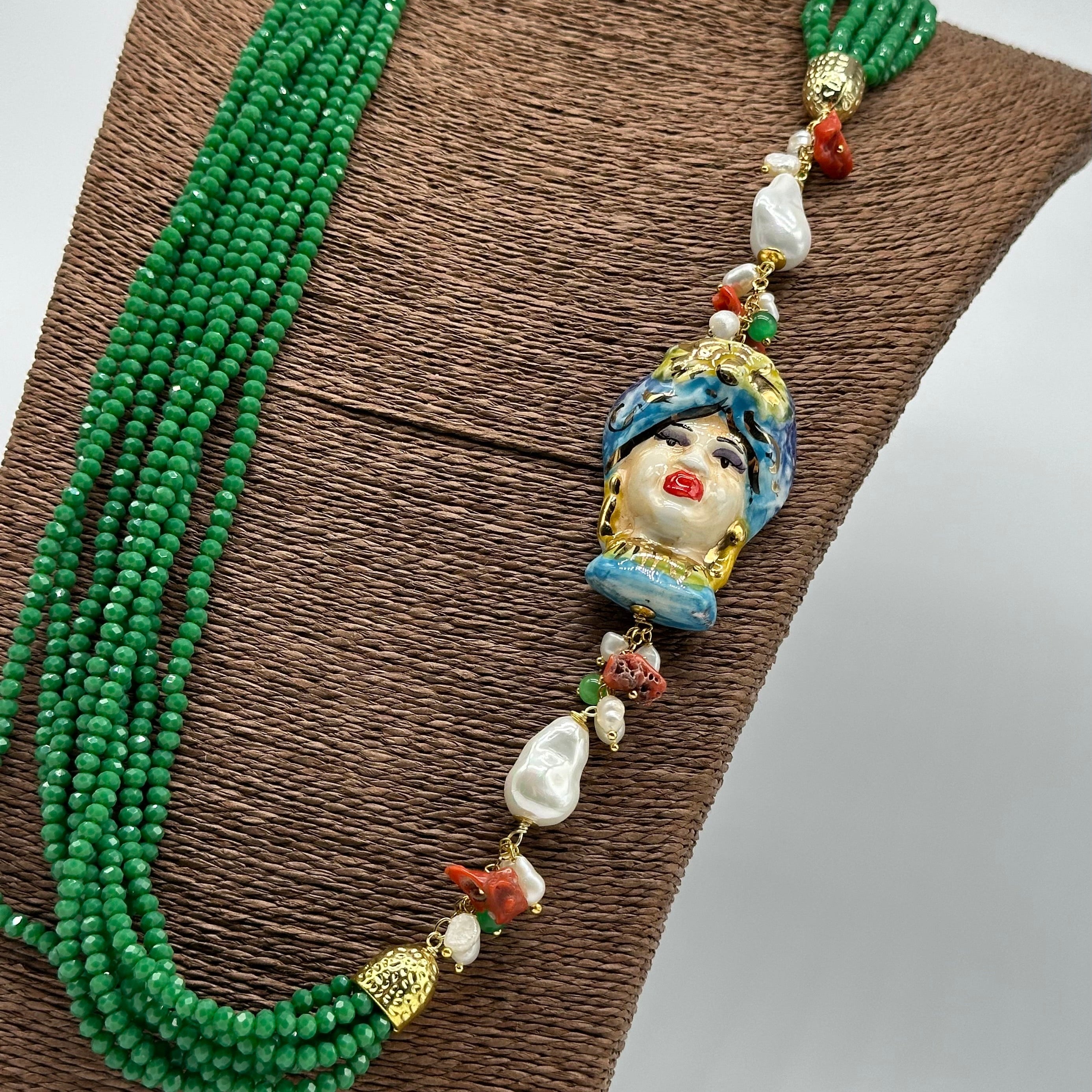 Collana Siciliana Testa di Moro Ceramica di Caltagirone Pietre Verde V.2 - COLLANA