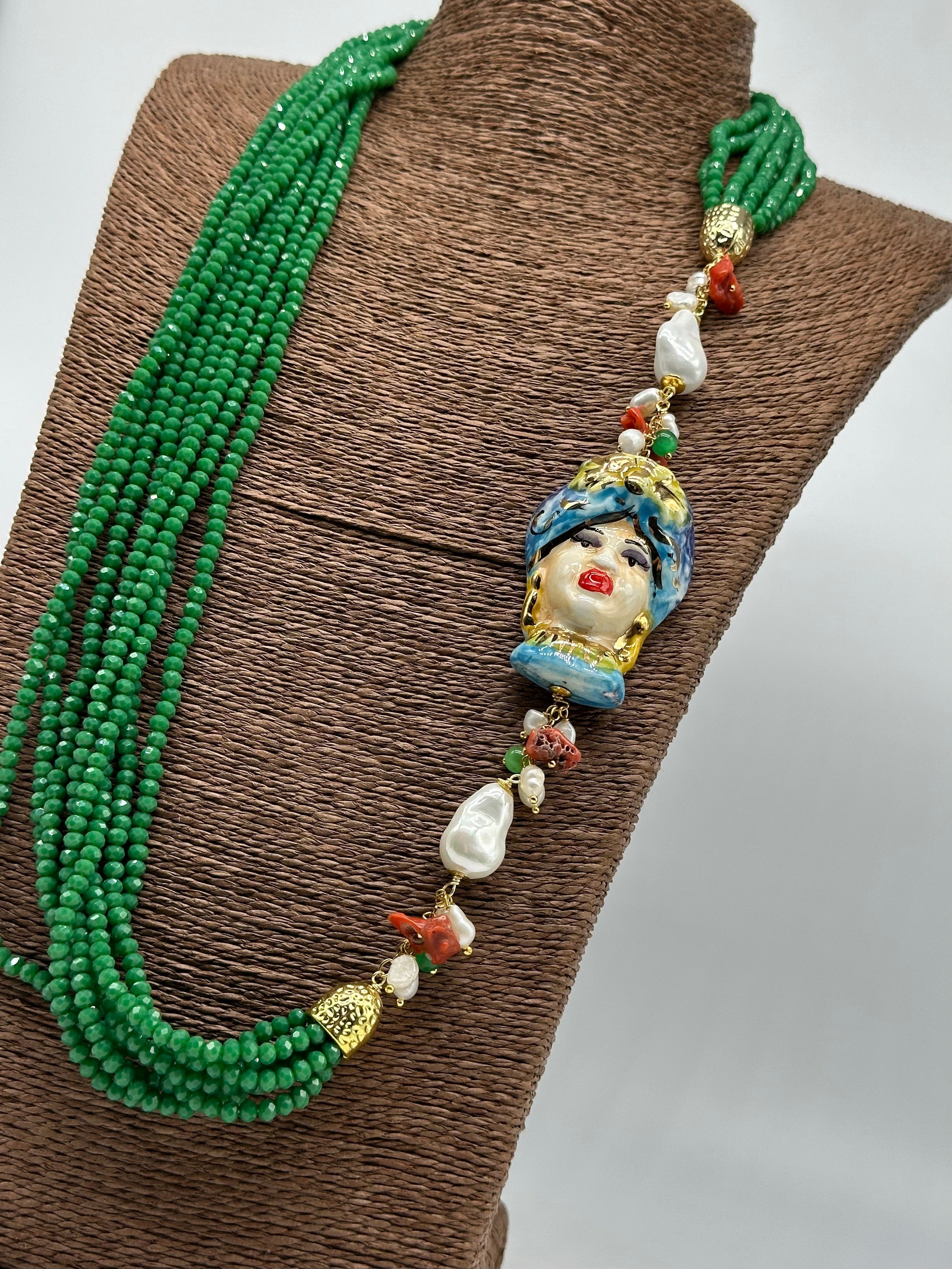 Collana Siciliana Testa di Moro Ceramica di Caltagirone Pietre Verde V.2 - COLLANA