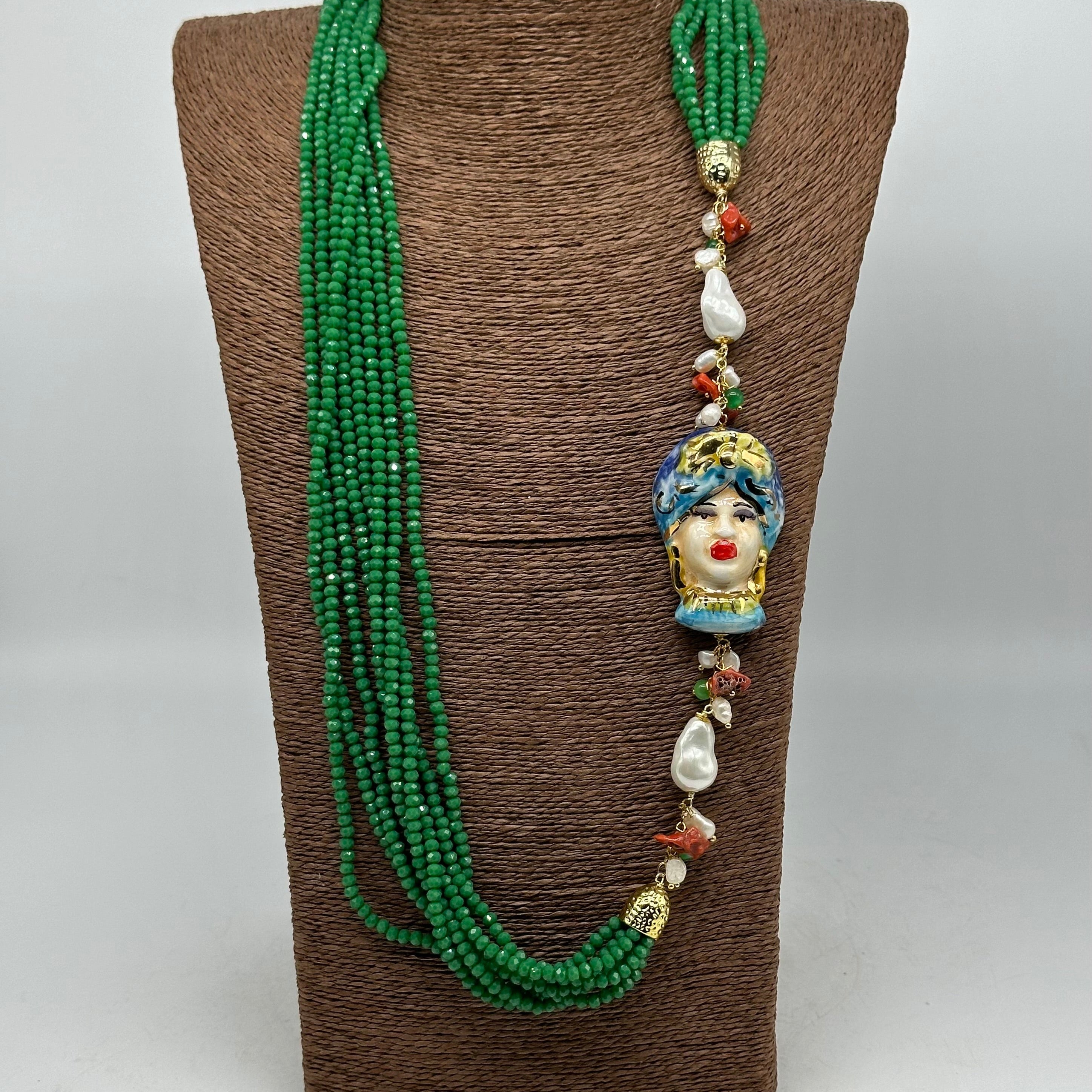 Collana Siciliana Testa di Moro Ceramica di Caltagirone Pietre Verde V.2 - COLLANA