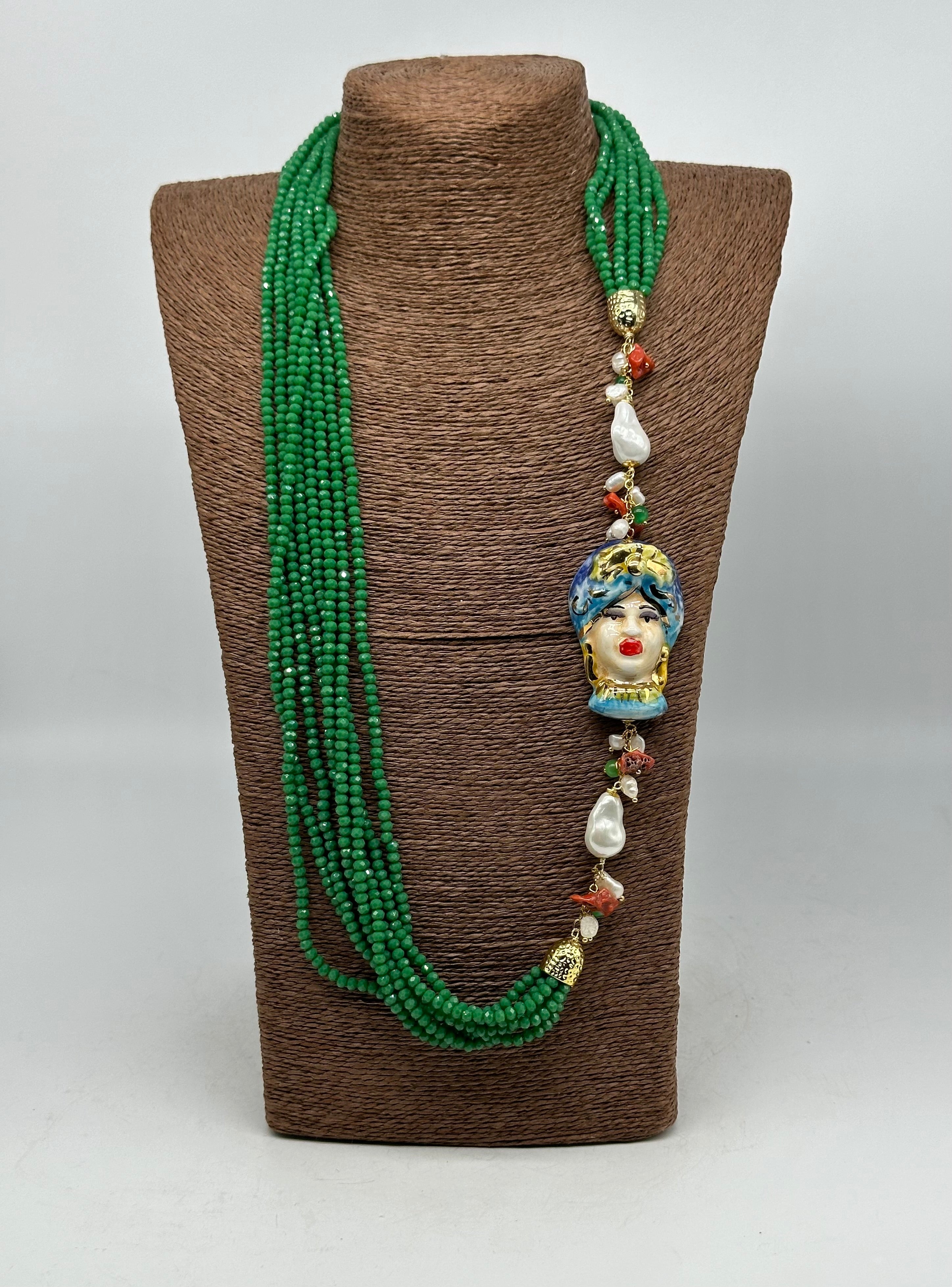 Collana Siciliana Testa di Moro Ceramica di Caltagirone Pietre Verde V.2 - COLLANA