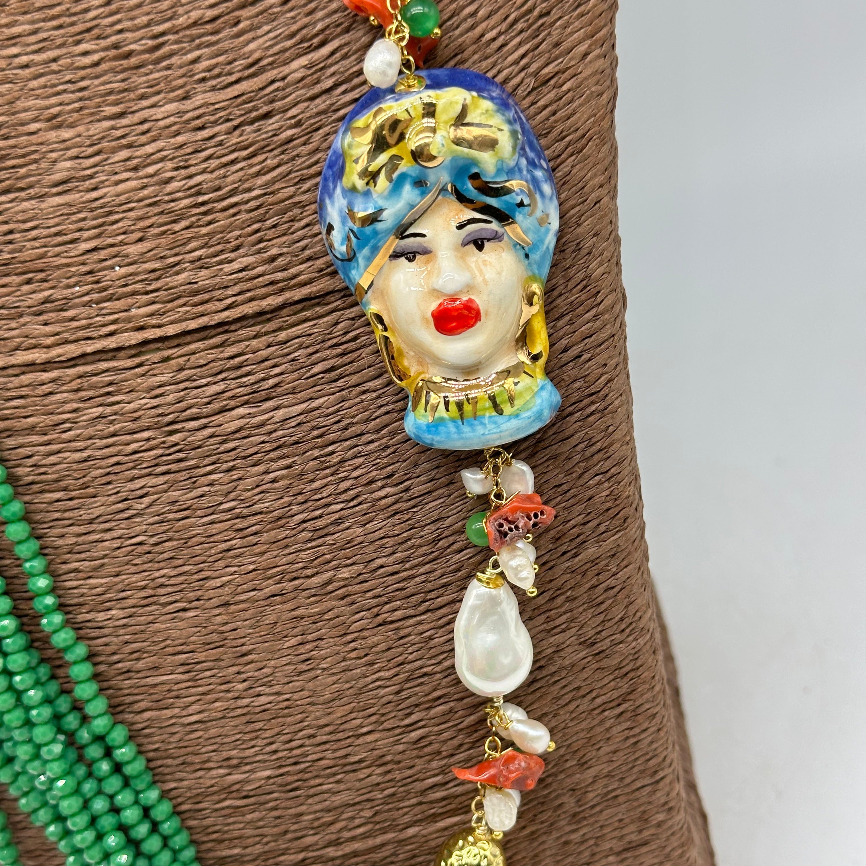 Collana Siciliana Testa di Moro Ceramica di Caltagirone Pietre Verde V.2 - COLLANA