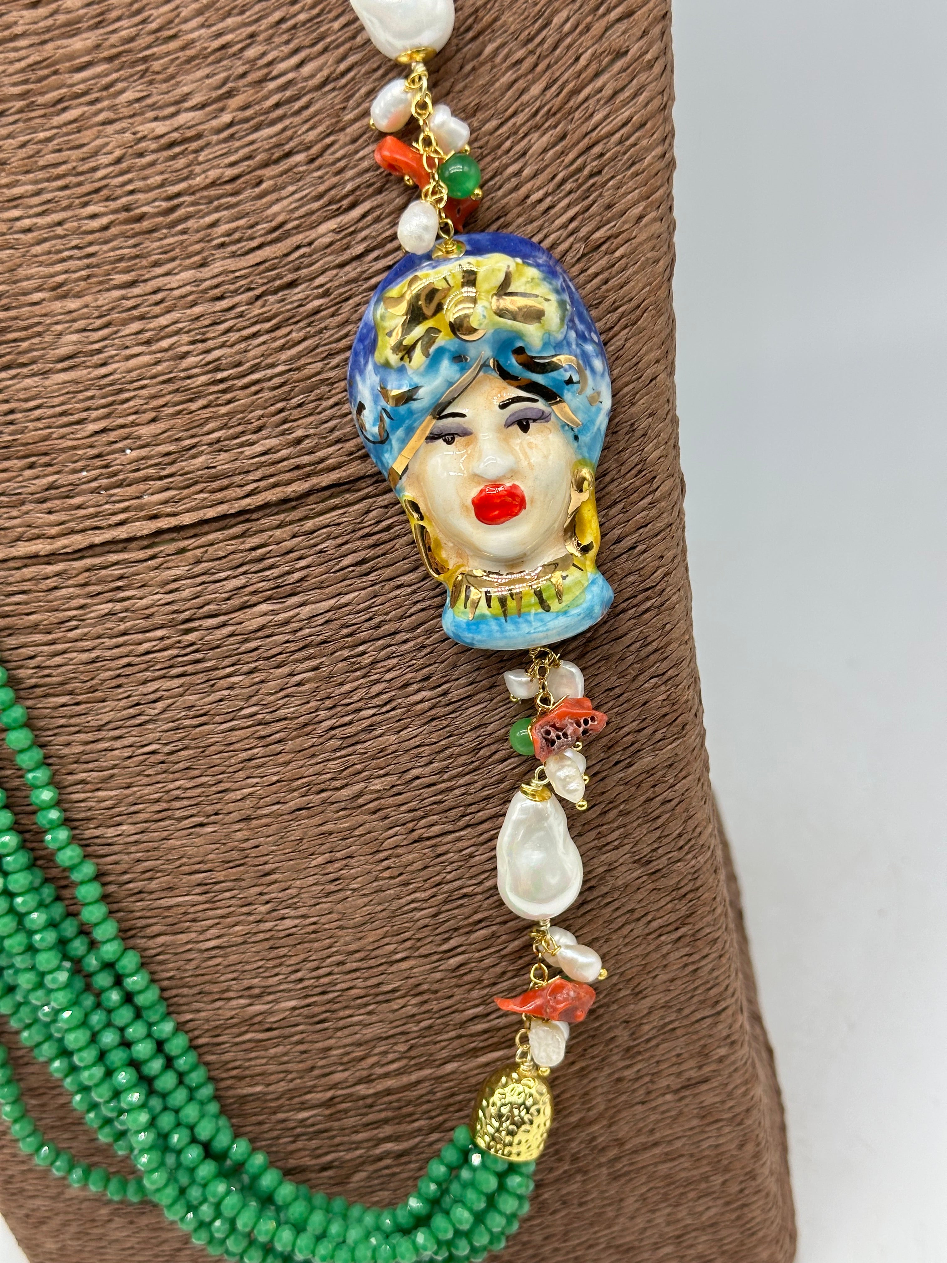 Collana Siciliana Testa di Moro Ceramica di Caltagirone Pietre Verde V.2 - COLLANA