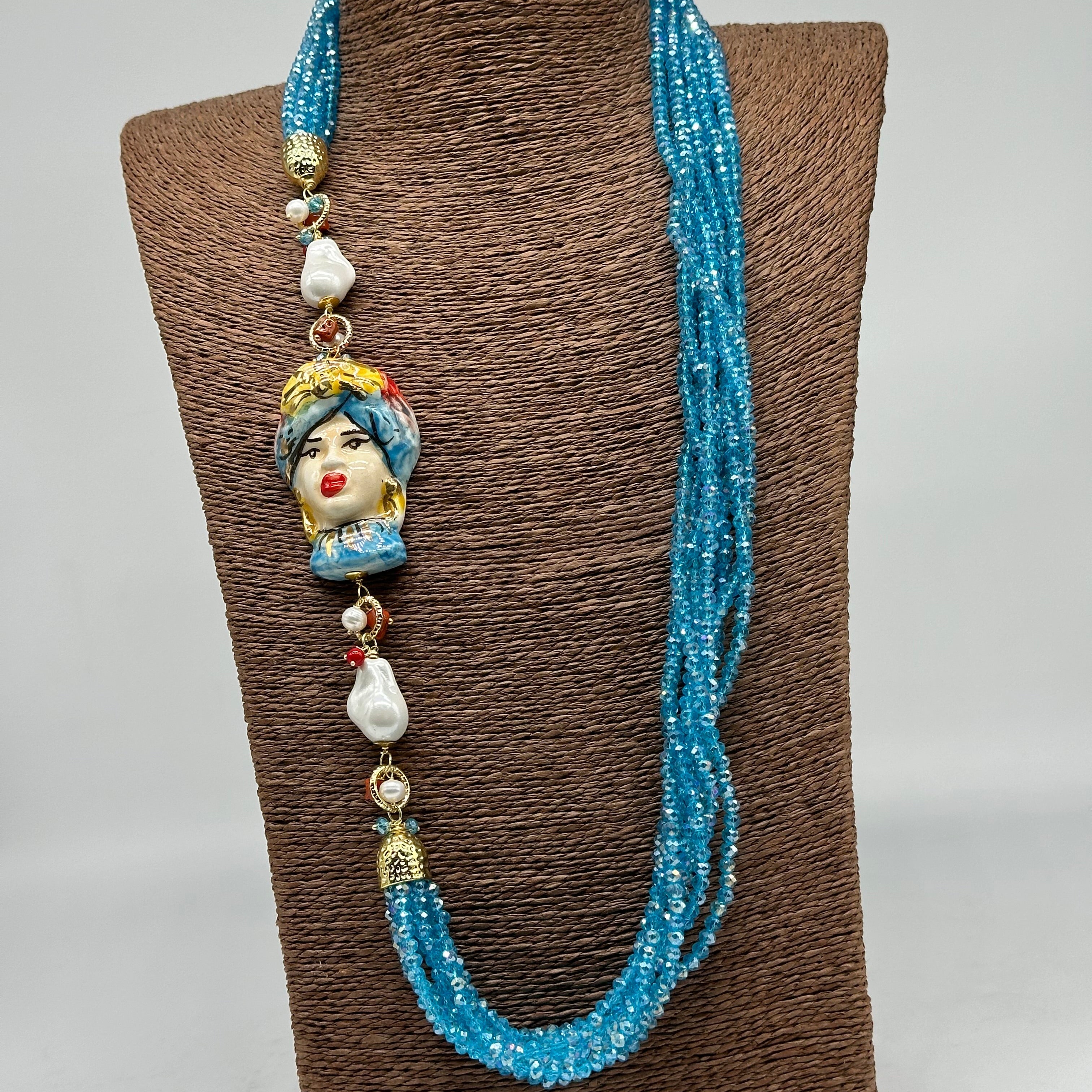 Collana Siciliana Testa di Moro Ceramica di Caltagirone Pietre Celeste V.2 - COLLANA