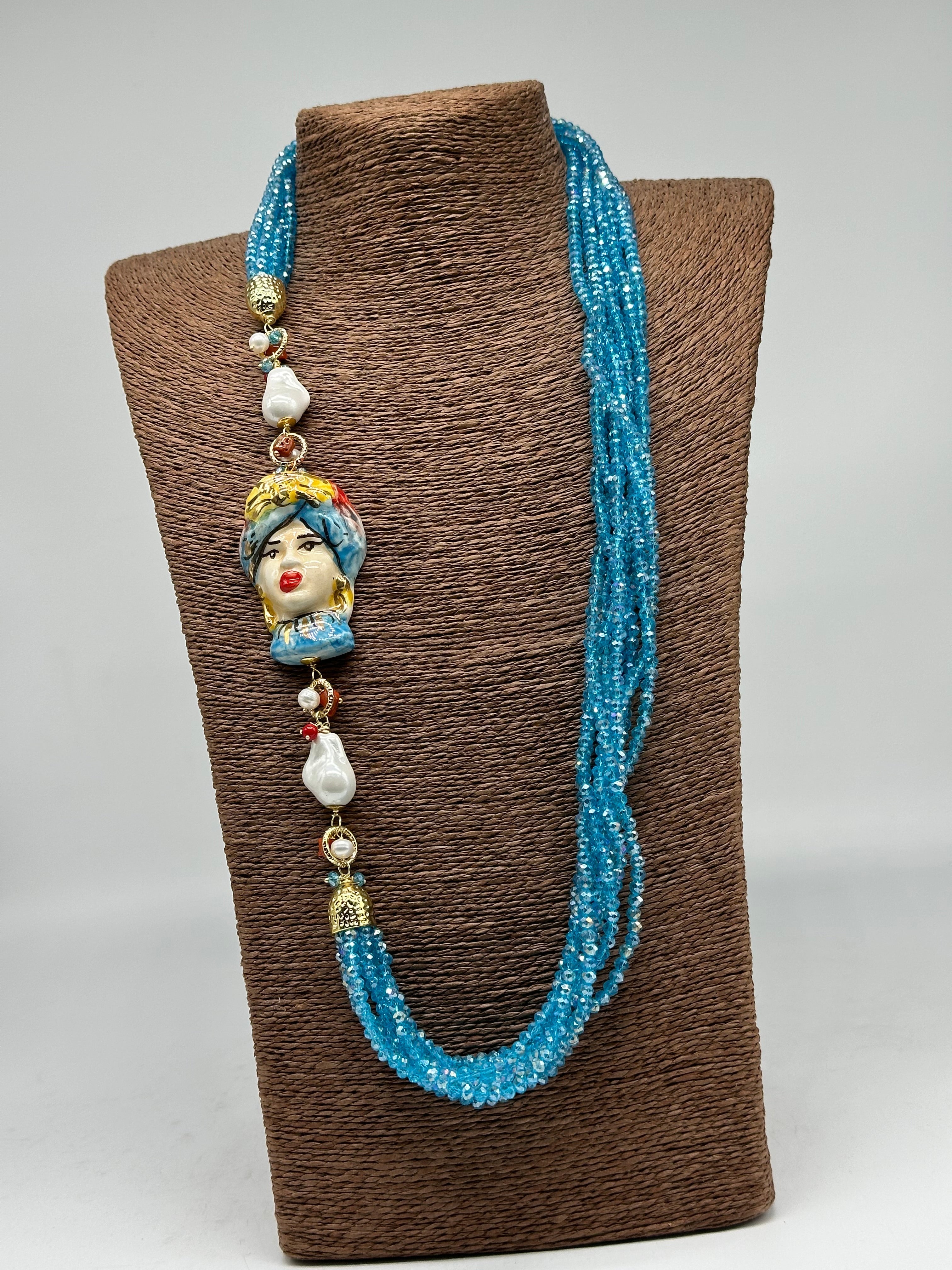 Collana Siciliana Testa di Moro Ceramica di Caltagirone Pietre Celeste V.2 - COLLANA