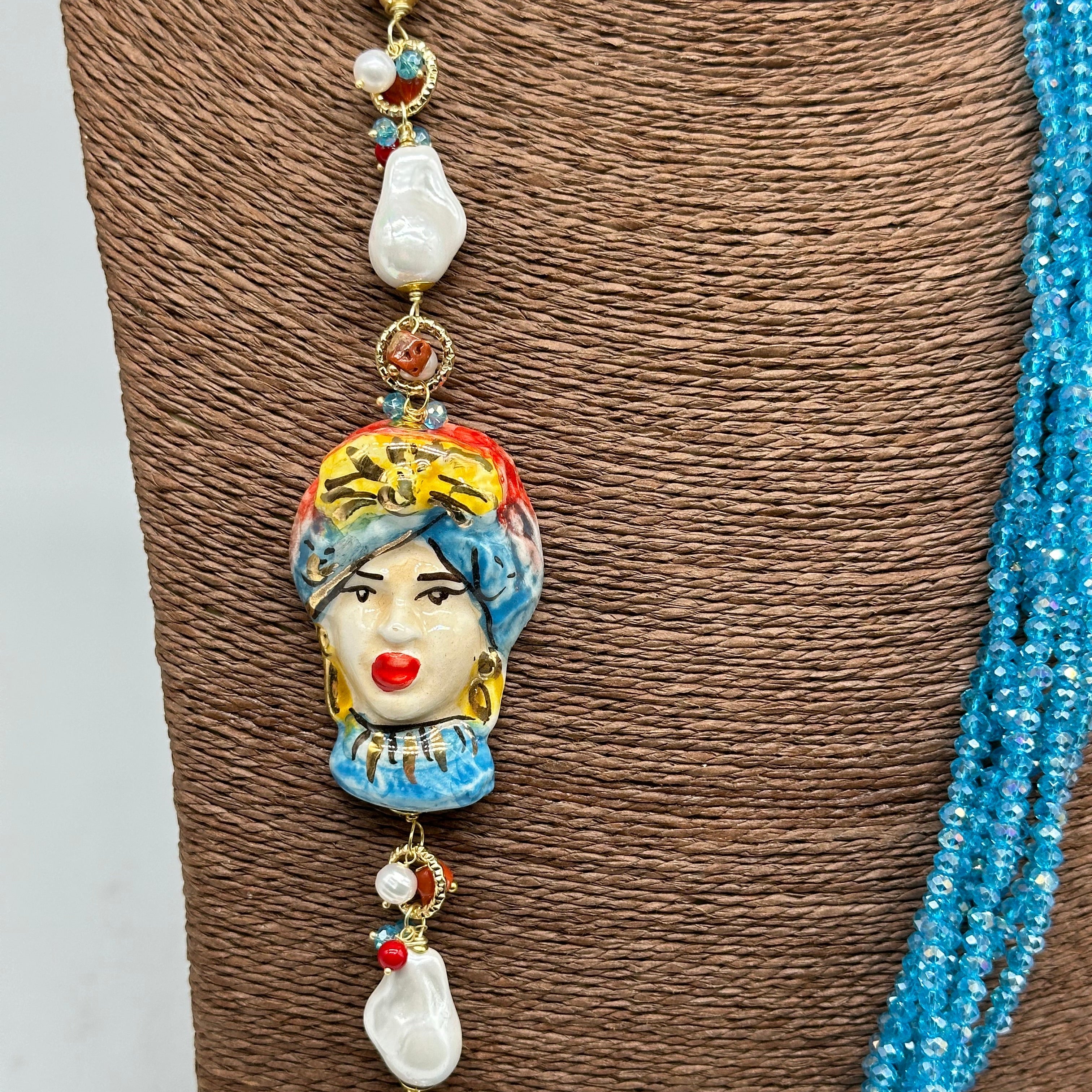 Collana Siciliana Testa di Moro Ceramica di Caltagirone Pietre Celeste V.2 - COLLANA