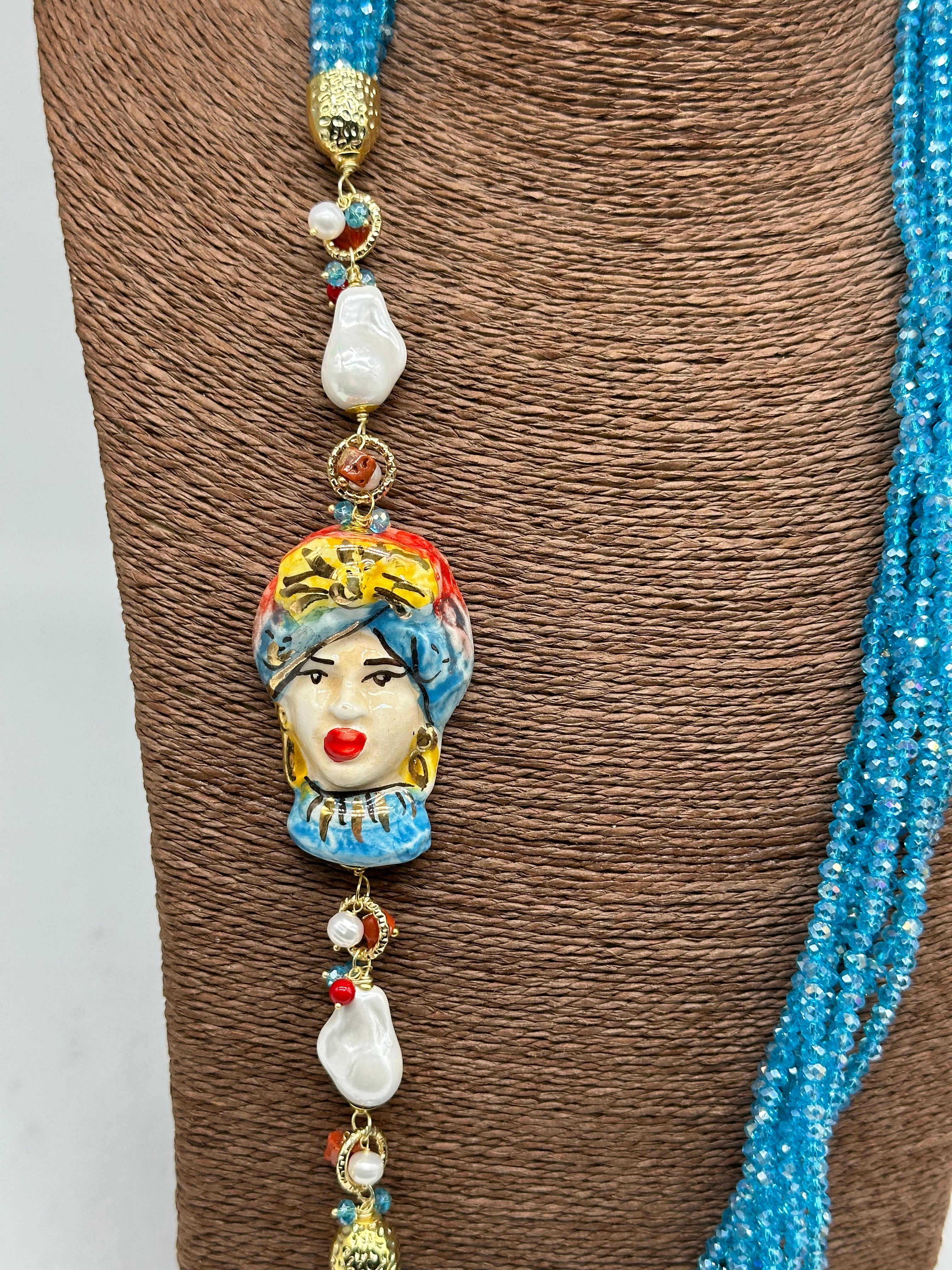 Collana Siciliana Testa di Moro Ceramica di Caltagirone Pietre Celeste V.2 - COLLANA