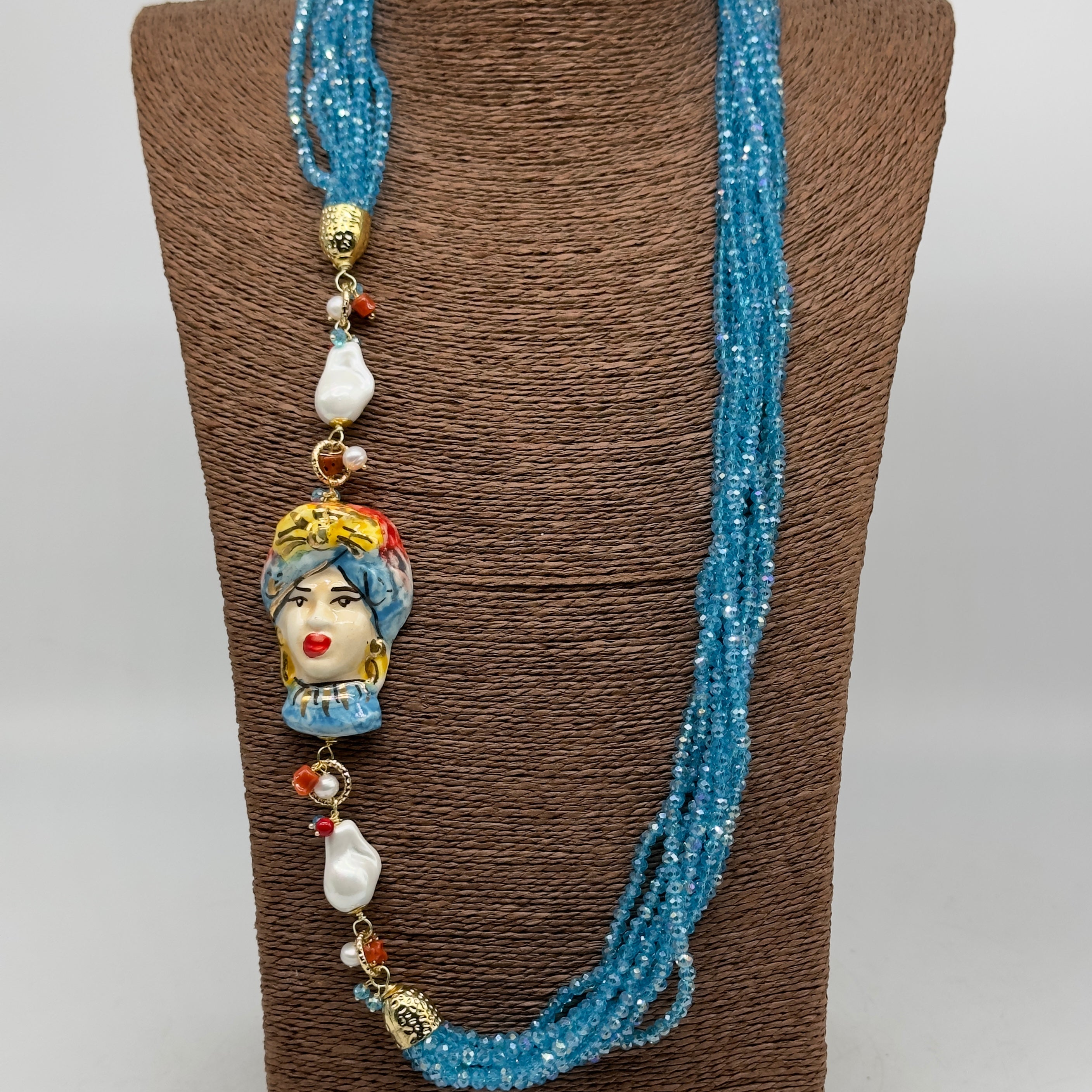 Collana Siciliana Testa di Moro Ceramica di Caltagirone Pietre Celeste V.2 - COLLANA