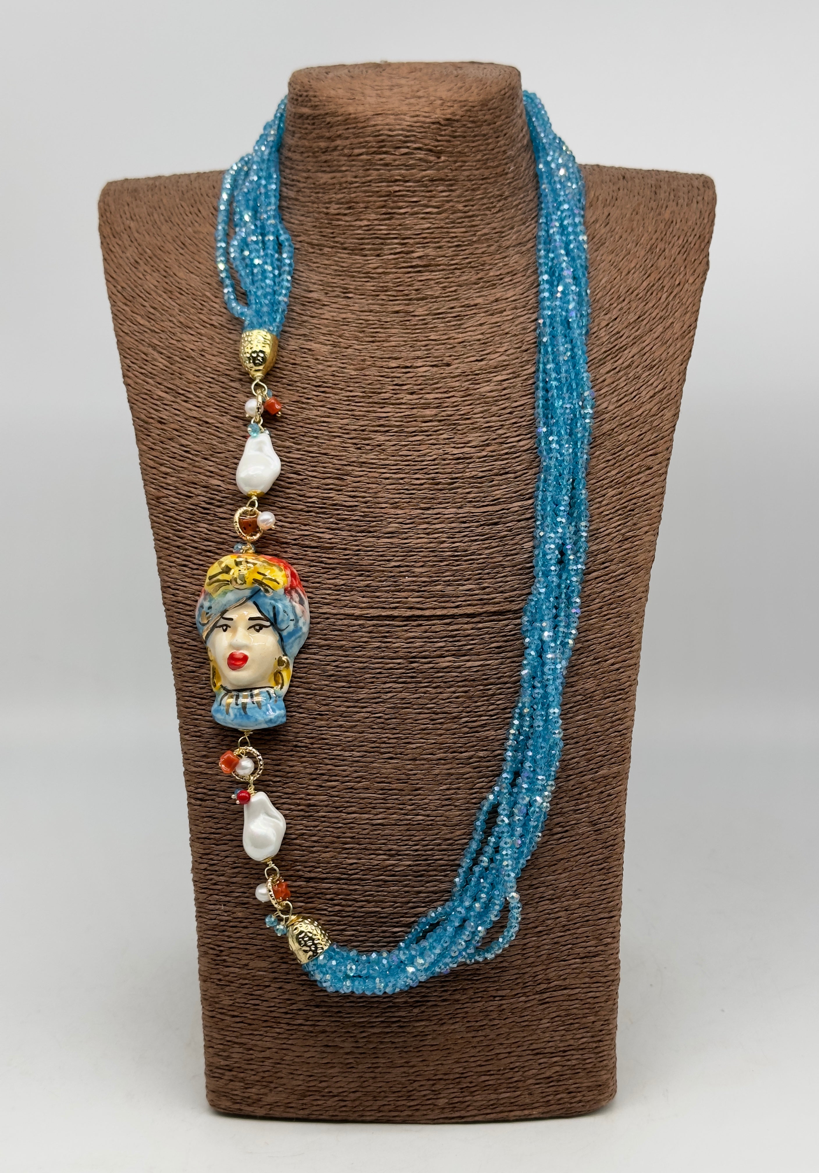 Collana Siciliana Testa di Moro Ceramica di Caltagirone Pietre Celeste V.2 - COLLANA
