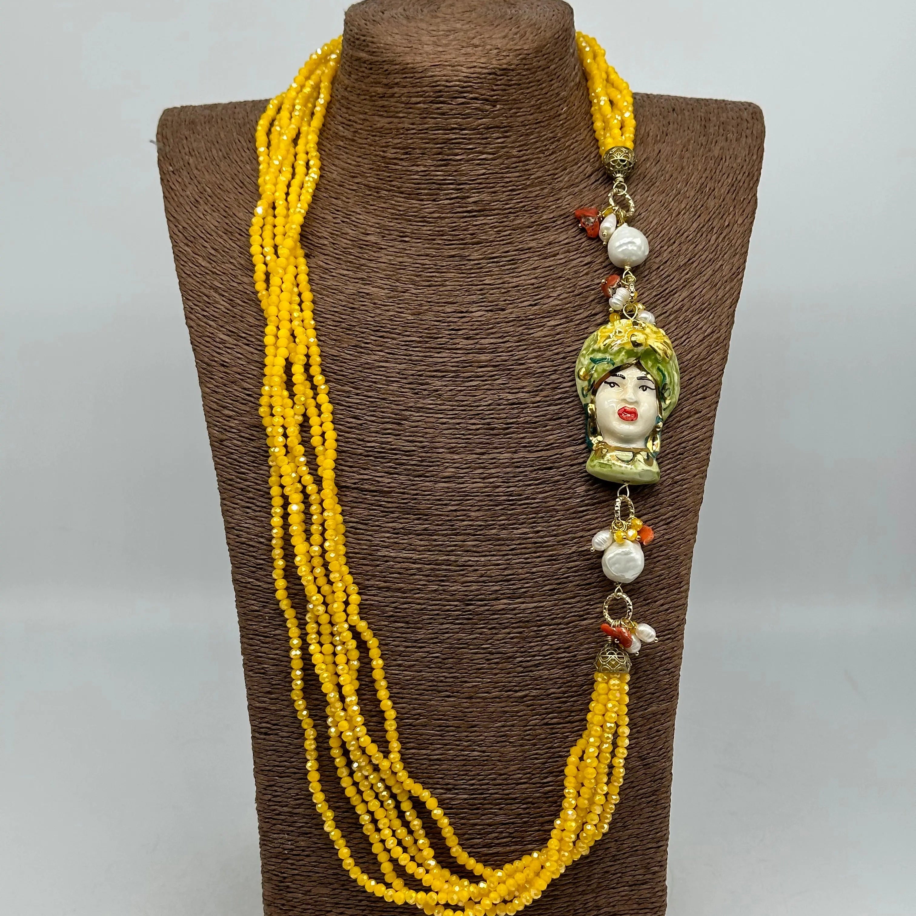 Collana Siciliana Testa di Moro Ceramica di Caltagirone Pietre Giallo DD CERAMICHE SICILIANE
