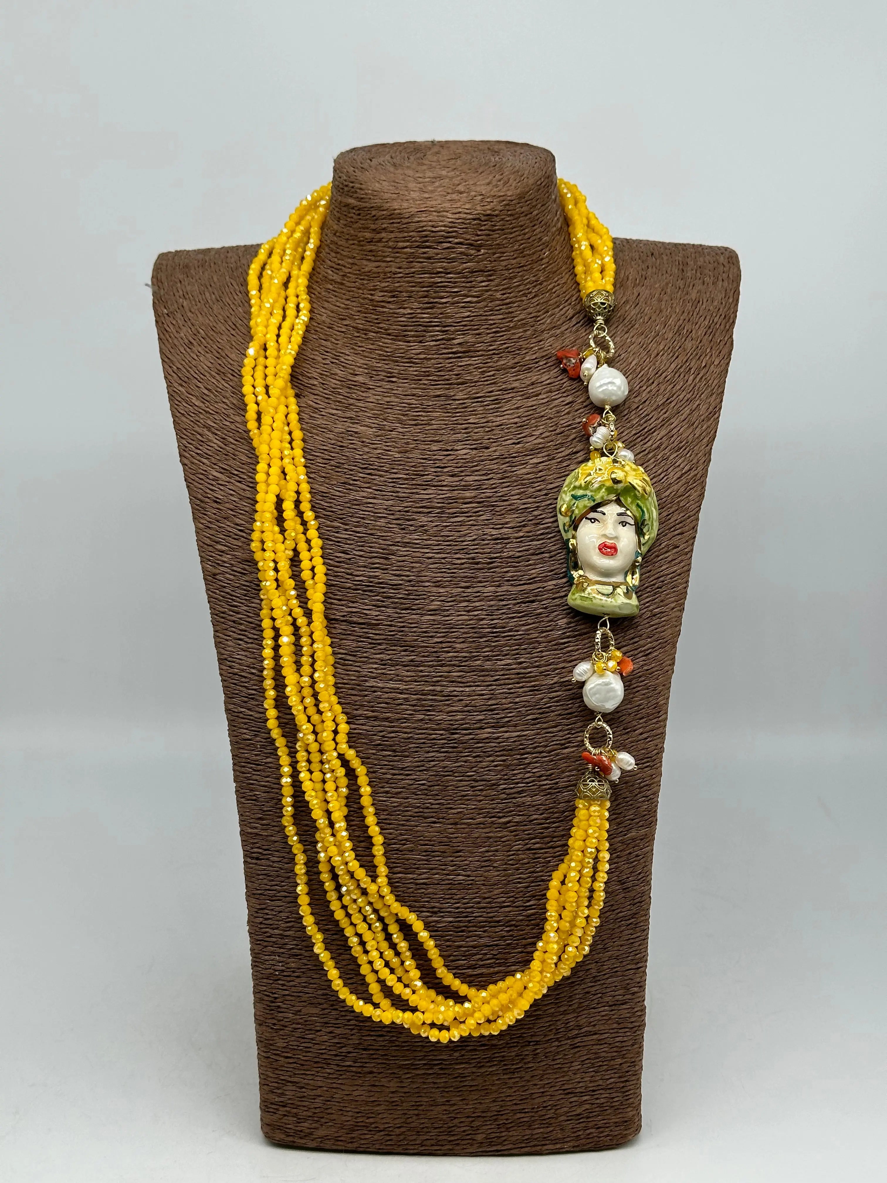 Collana Siciliana Testa di Moro Ceramica di Caltagirone Pietre Giallo DD CERAMICHE SICILIANE