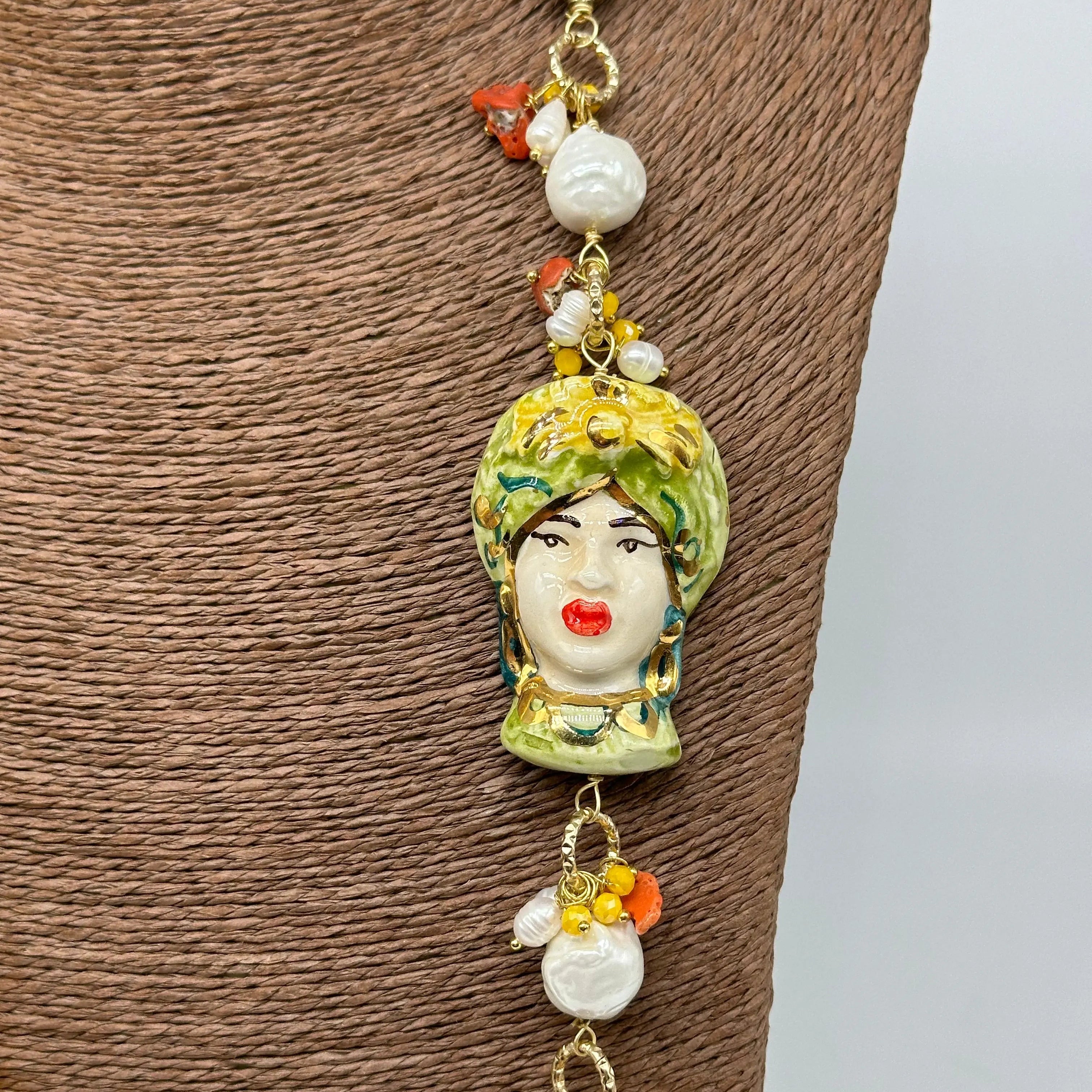 Collana Siciliana Testa di Moro Ceramica di Caltagirone Pietre Giallo DD CERAMICHE SICILIANE