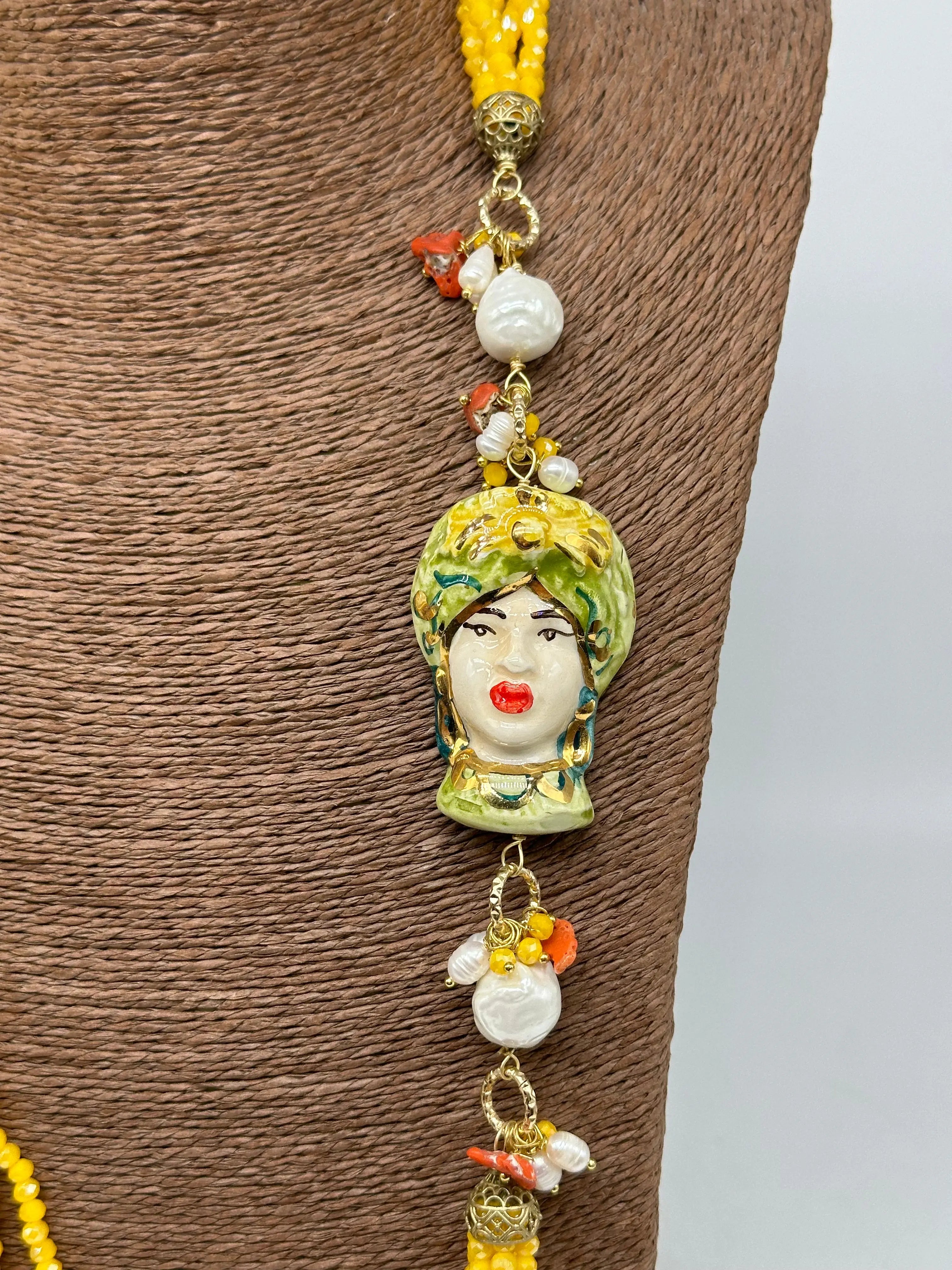 Collana Siciliana Testa di Moro Ceramica di Caltagirone Pietre Giallo DD CERAMICHE SICILIANE