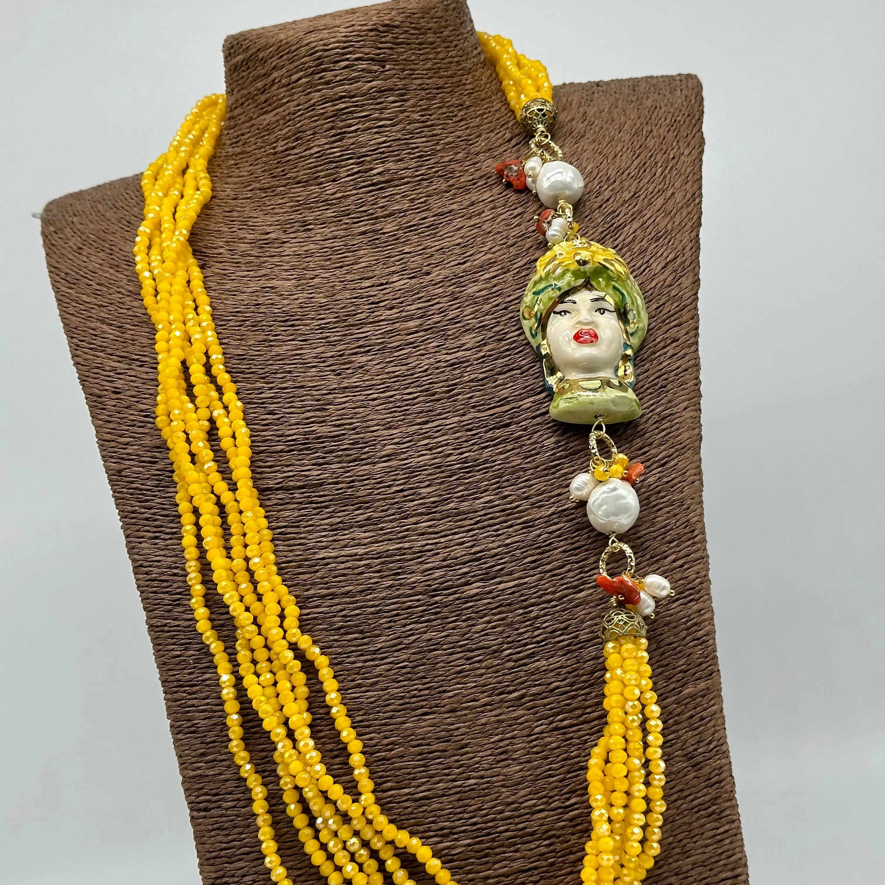 Collana Siciliana Testa di Moro Ceramica di Caltagirone Pietre Giallo DD CERAMICHE SICILIANE