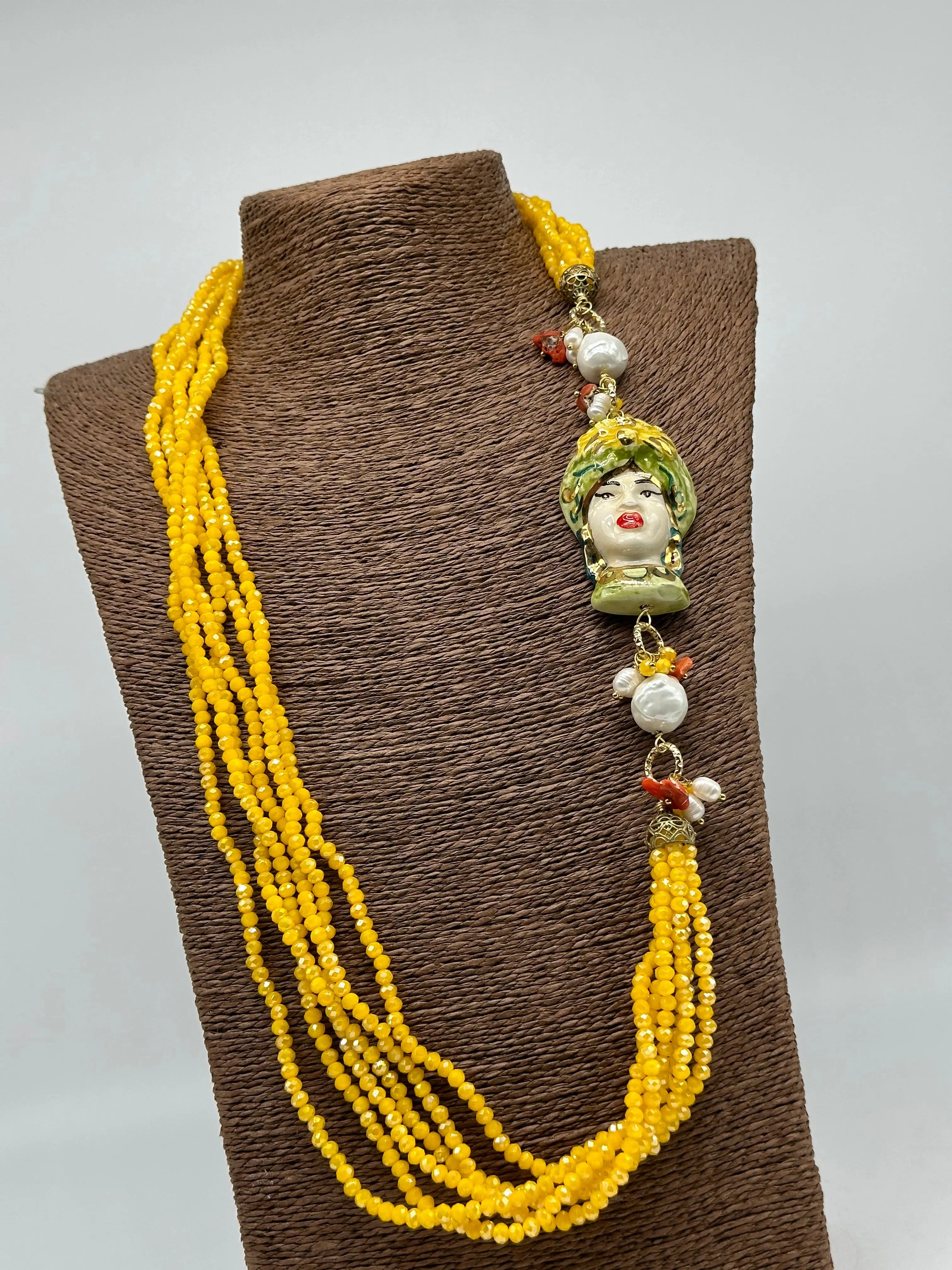 Collana Siciliana Testa di Moro Ceramica di Caltagirone Pietre Giallo DD CERAMICHE SICILIANE