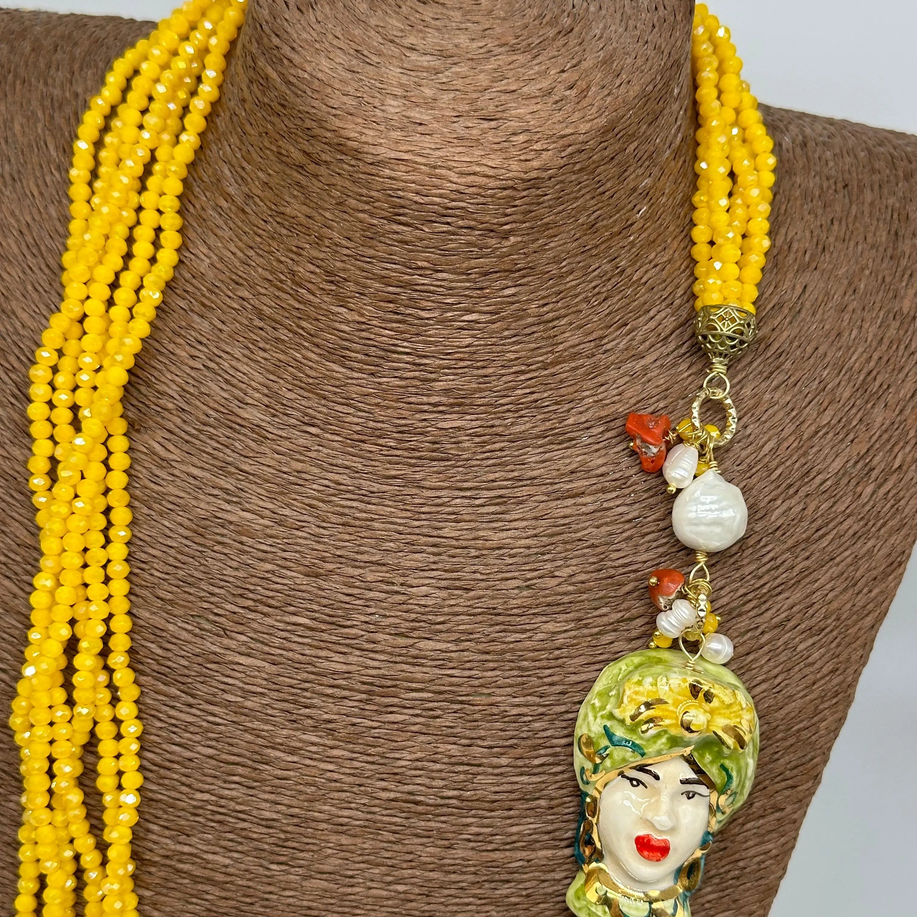 Collana Siciliana Testa di Moro Ceramica di Caltagirone Pietre Giallo DD CERAMICHE SICILIANE