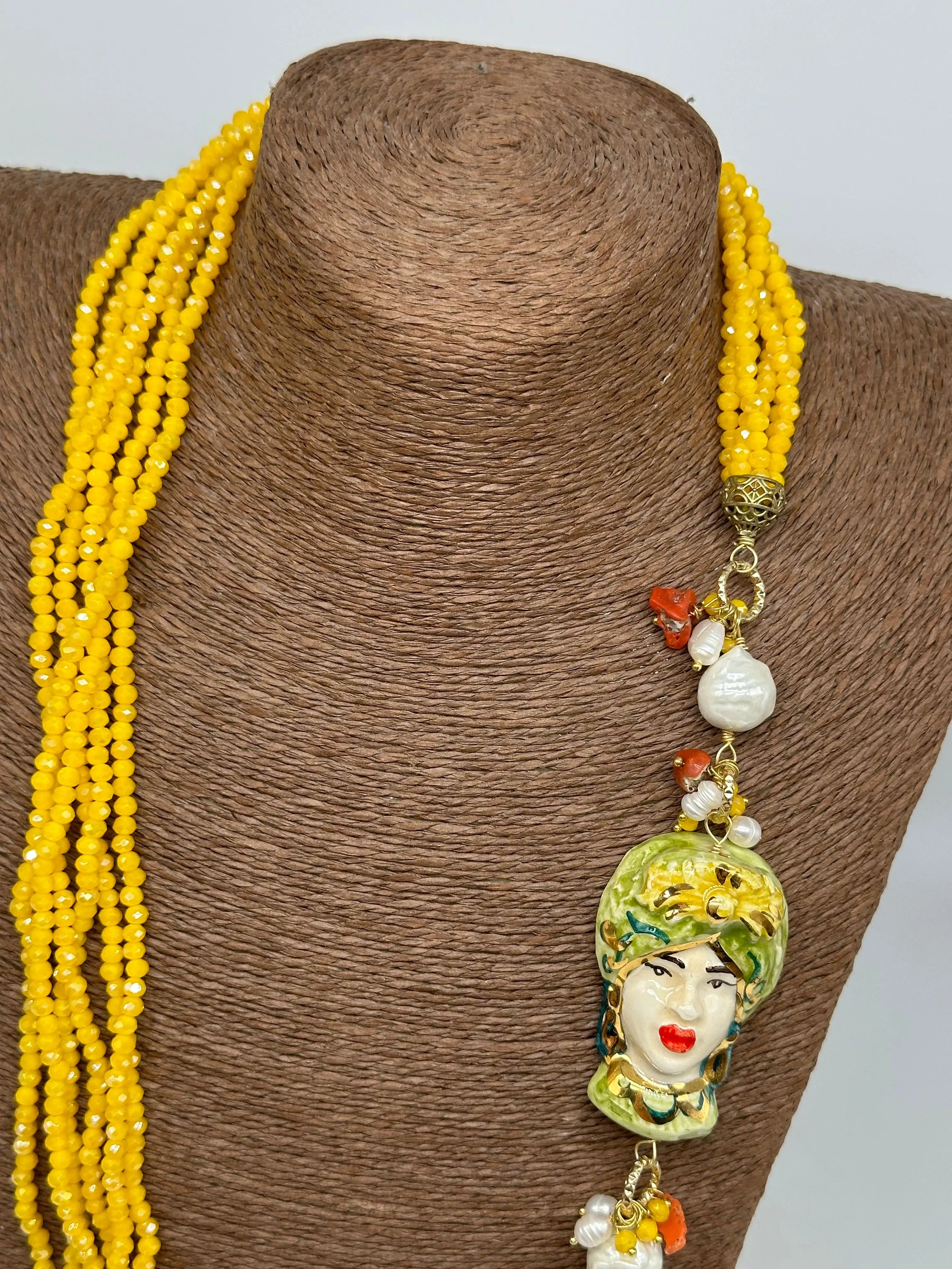 Collana Siciliana Testa di Moro Ceramica di Caltagirone Pietre Giallo DD CERAMICHE SICILIANE