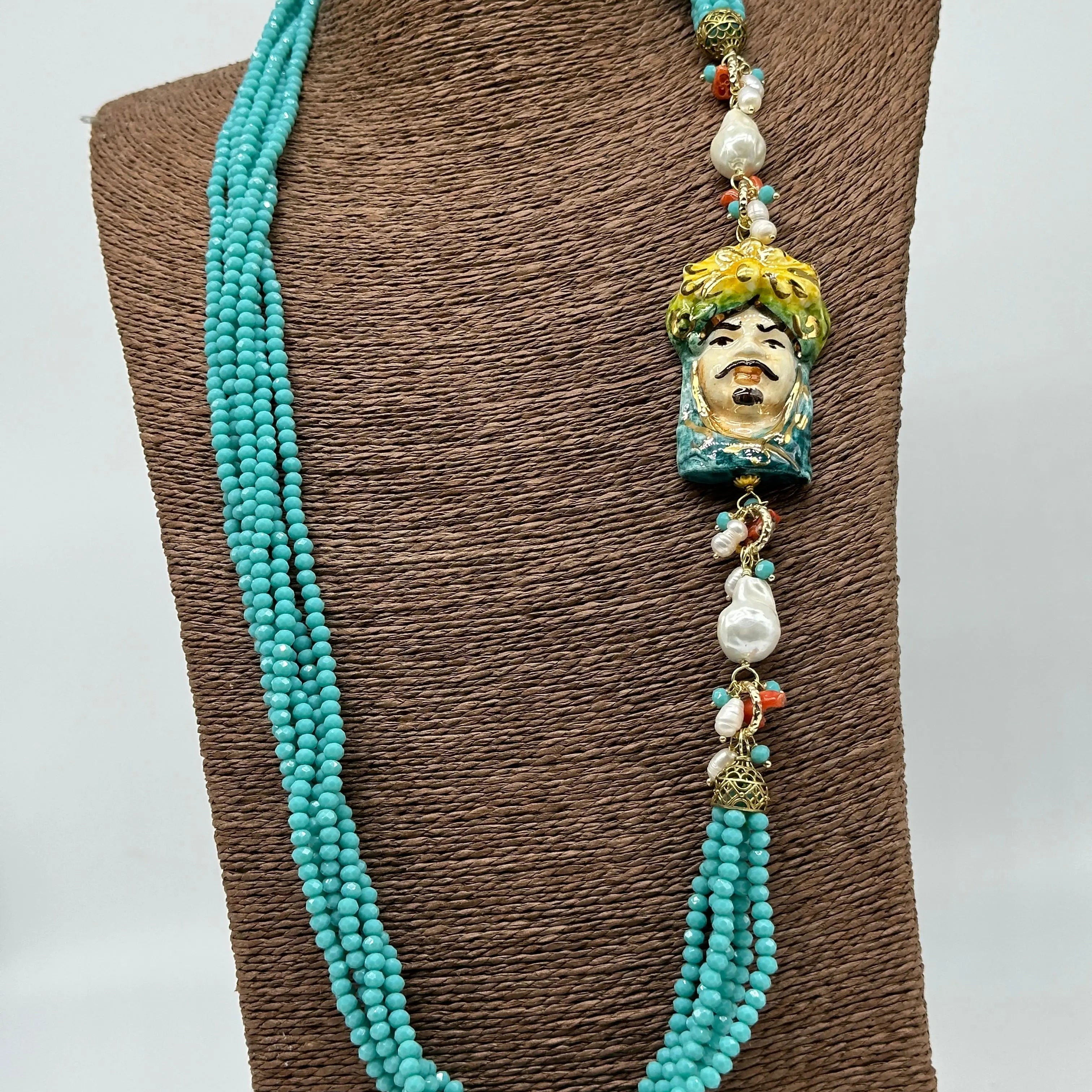 Collana Siciliana Testa di Moro Ceramica di Caltagirone Pietre Celeste DD CERAMICHE SICILIANE
