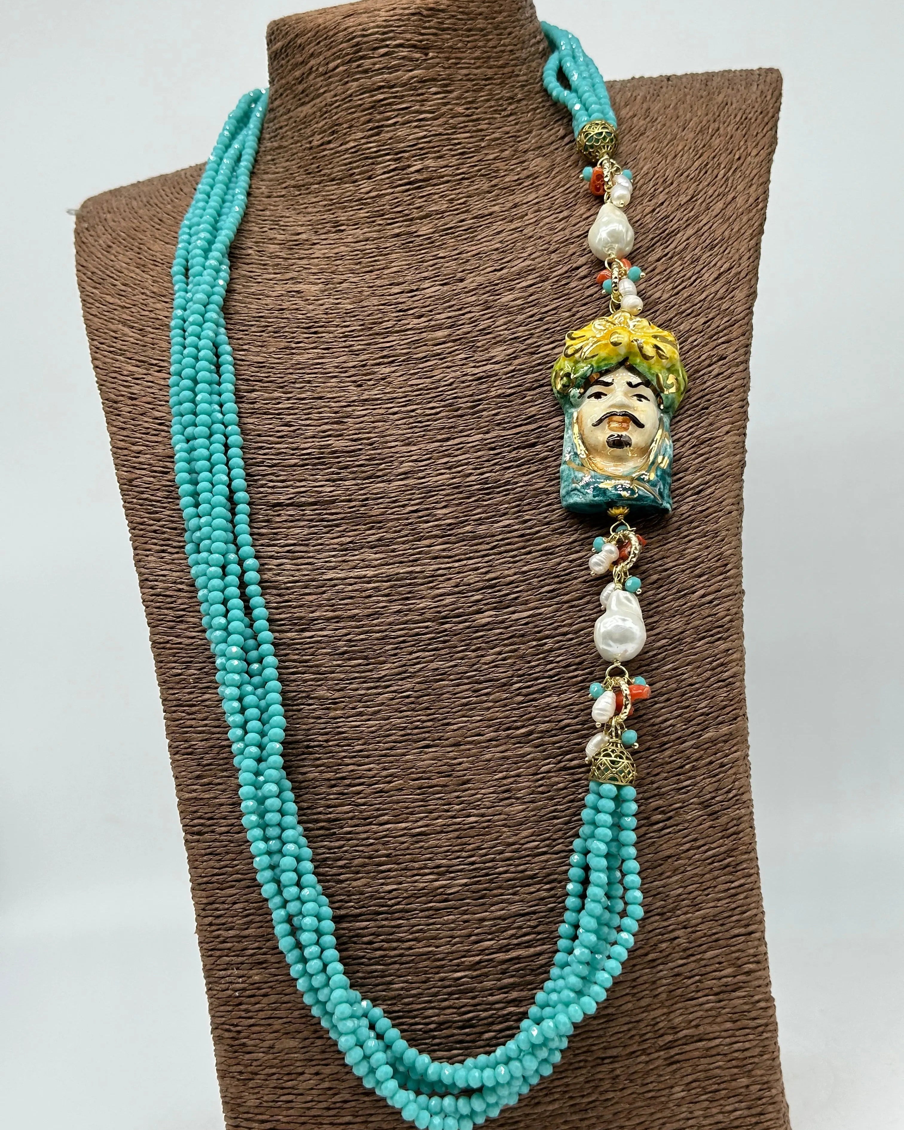 Collana Siciliana Testa di Moro Ceramica di Caltagirone Pietre Celeste DD CERAMICHE SICILIANE