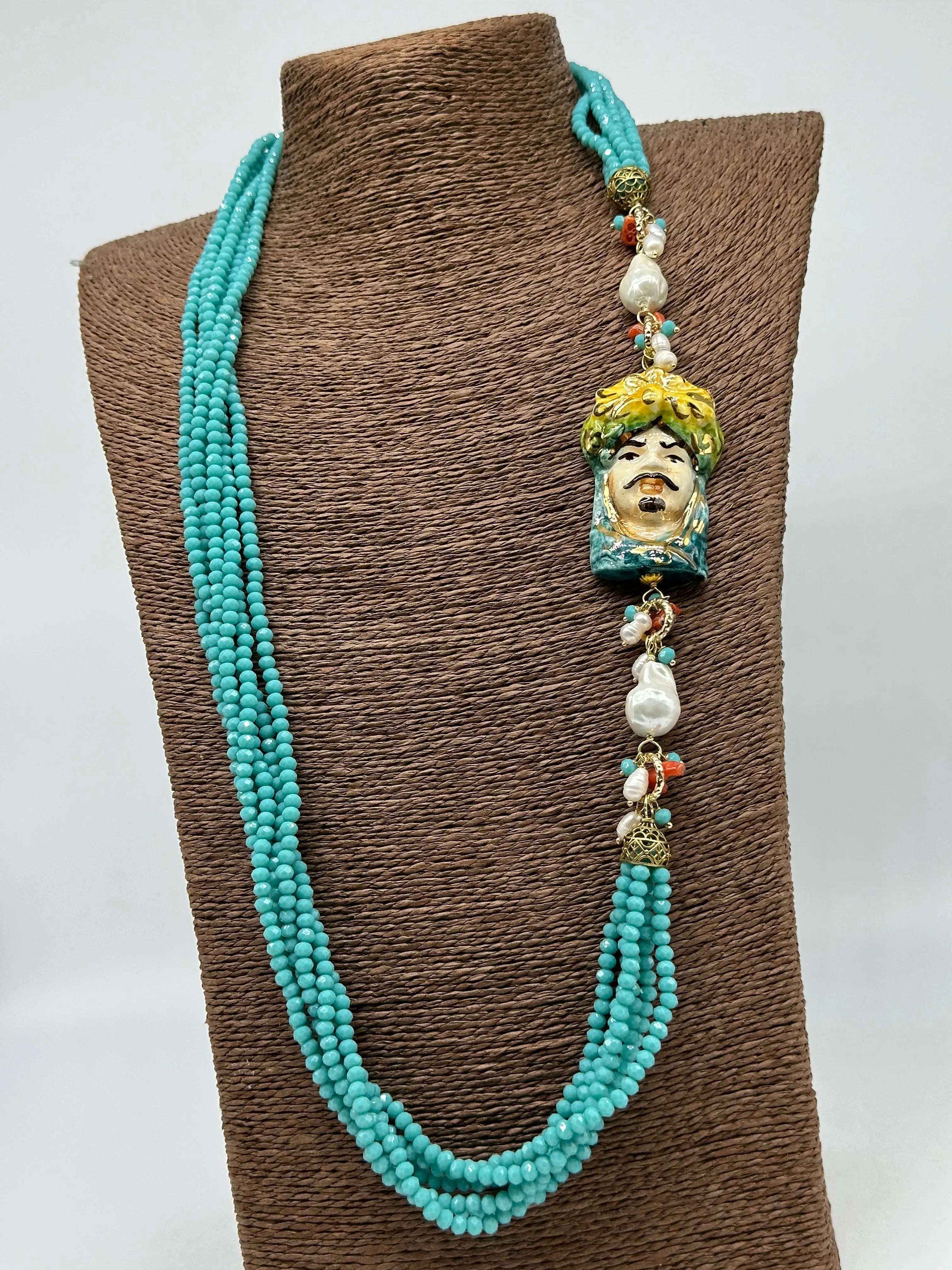 Collana Siciliana Testa di Moro Ceramica di Caltagirone Pietre Celeste DD CERAMICHE SICILIANE