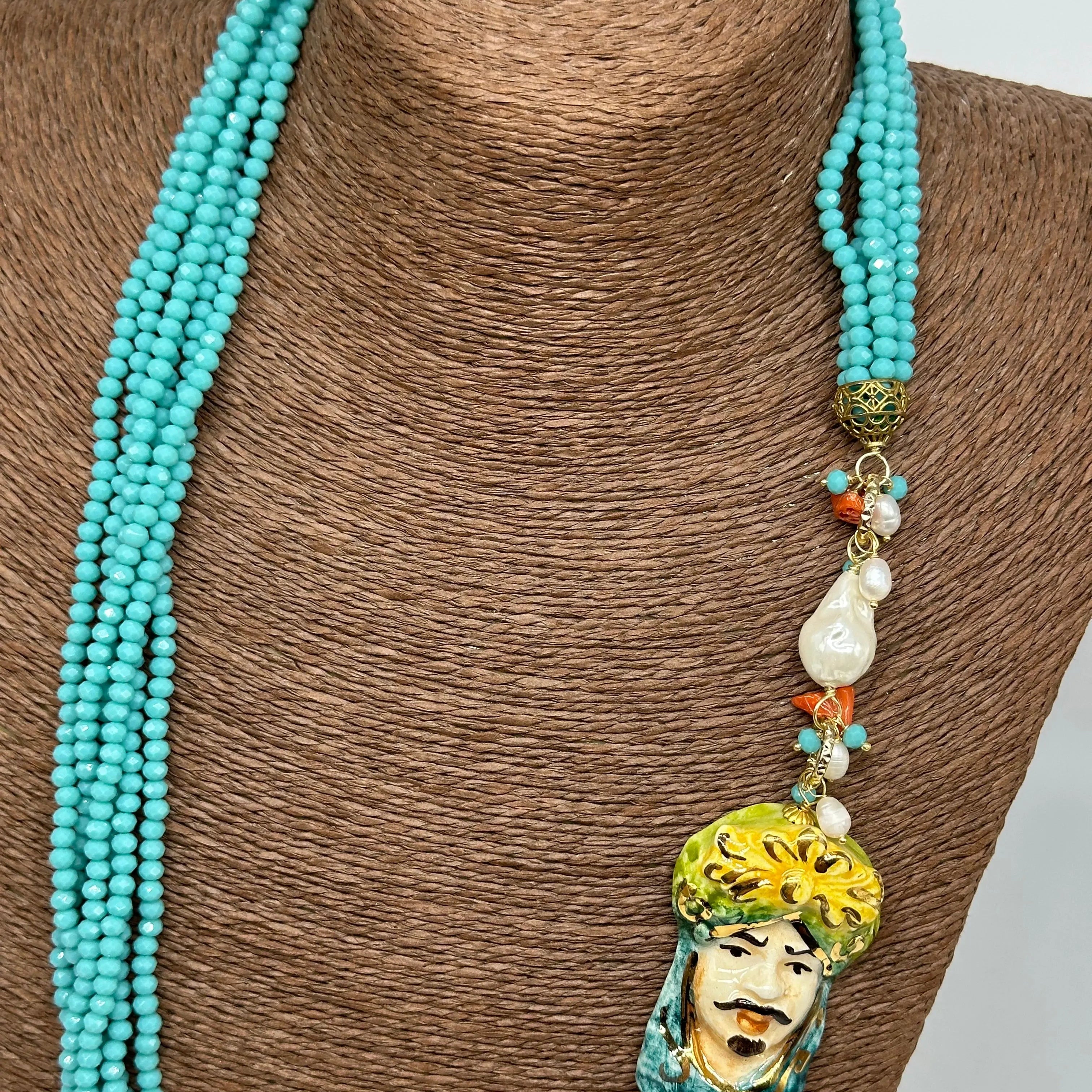 Collana Siciliana Testa di Moro Ceramica di Caltagirone Pietre Celeste DD CERAMICHE SICILIANE