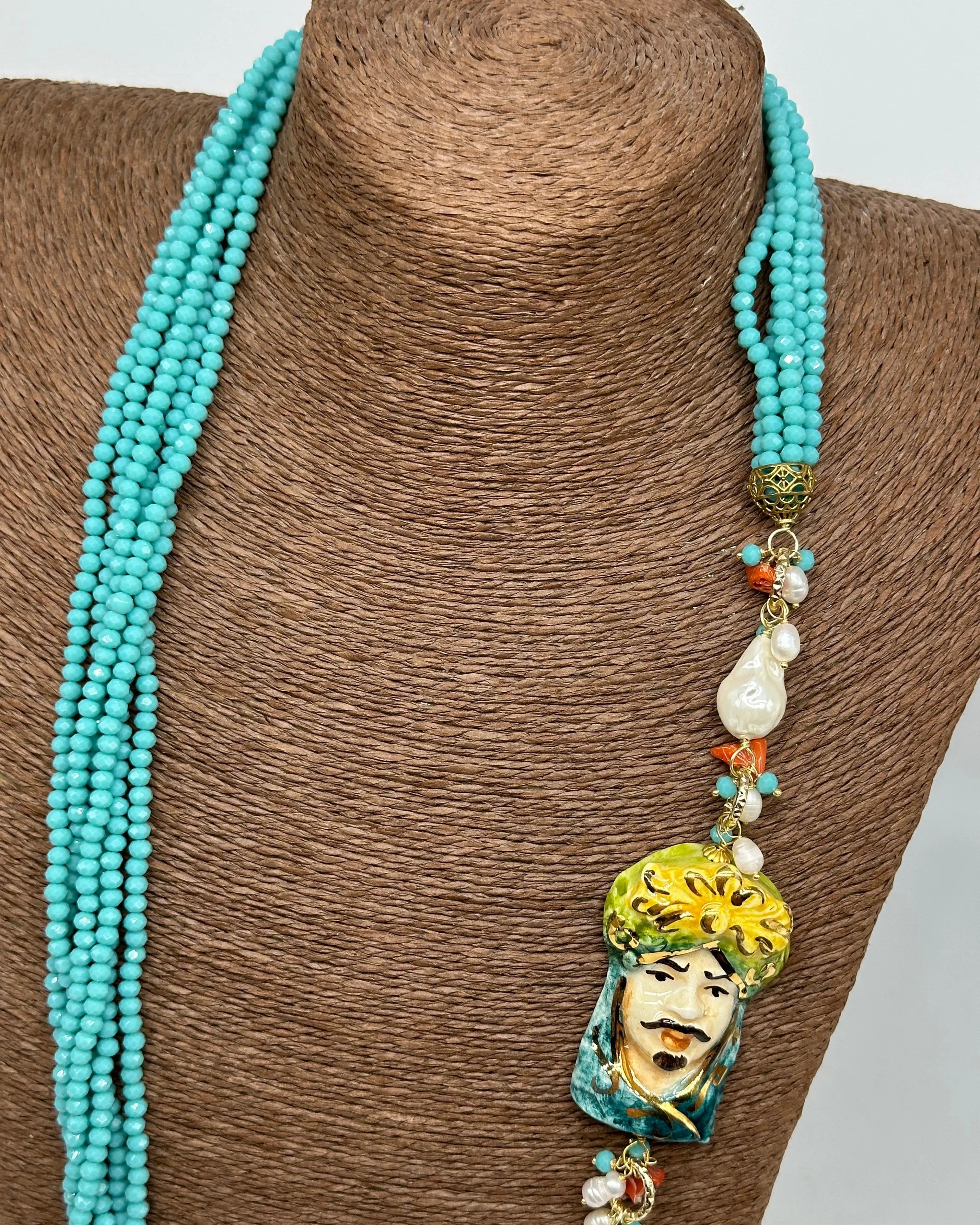 Collana Siciliana Testa di Moro Ceramica di Caltagirone Pietre Celeste DD CERAMICHE SICILIANE