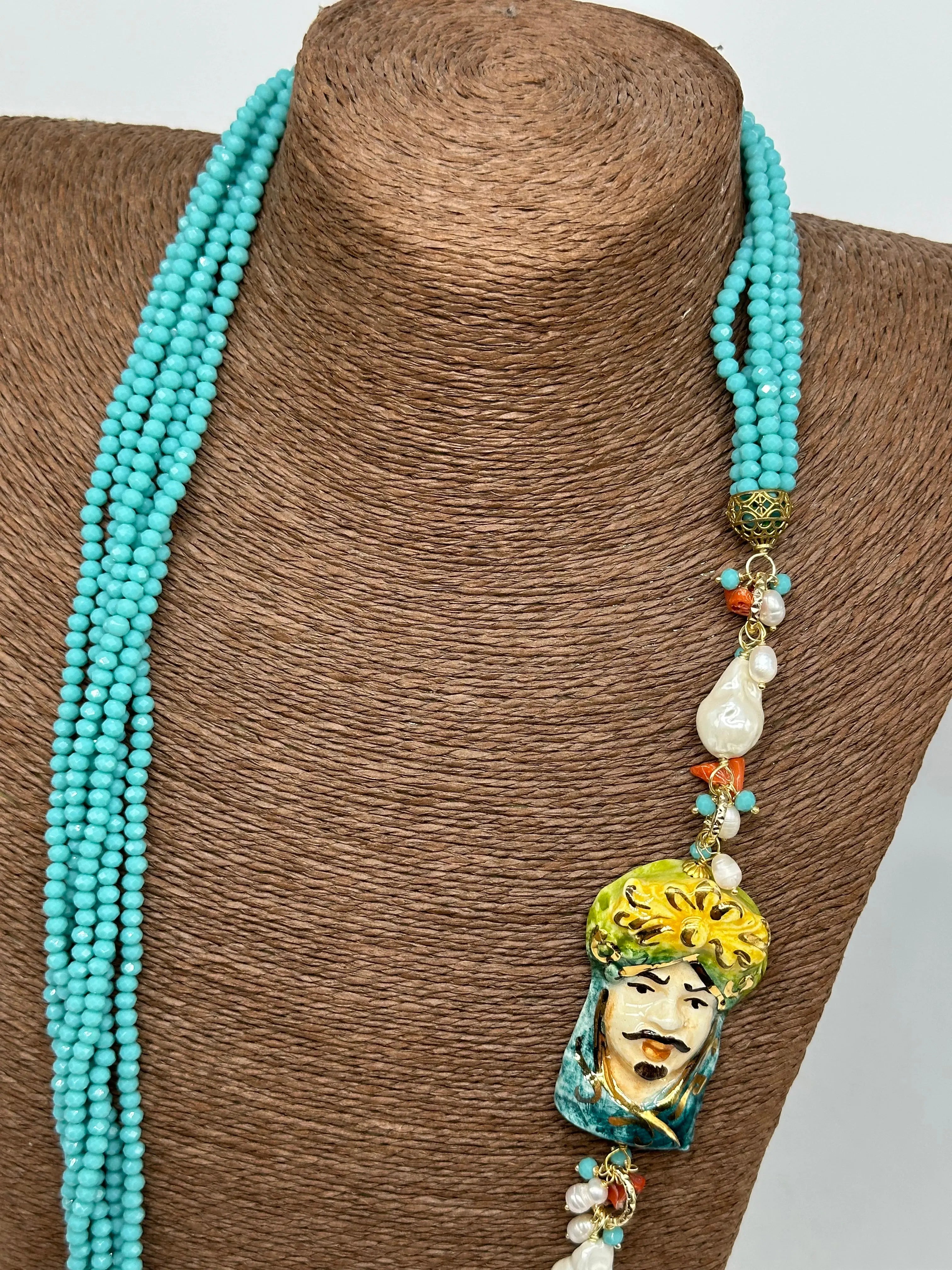 Collana Siciliana Testa di Moro Ceramica di Caltagirone Pietre Celeste DD CERAMICHE SICILIANE