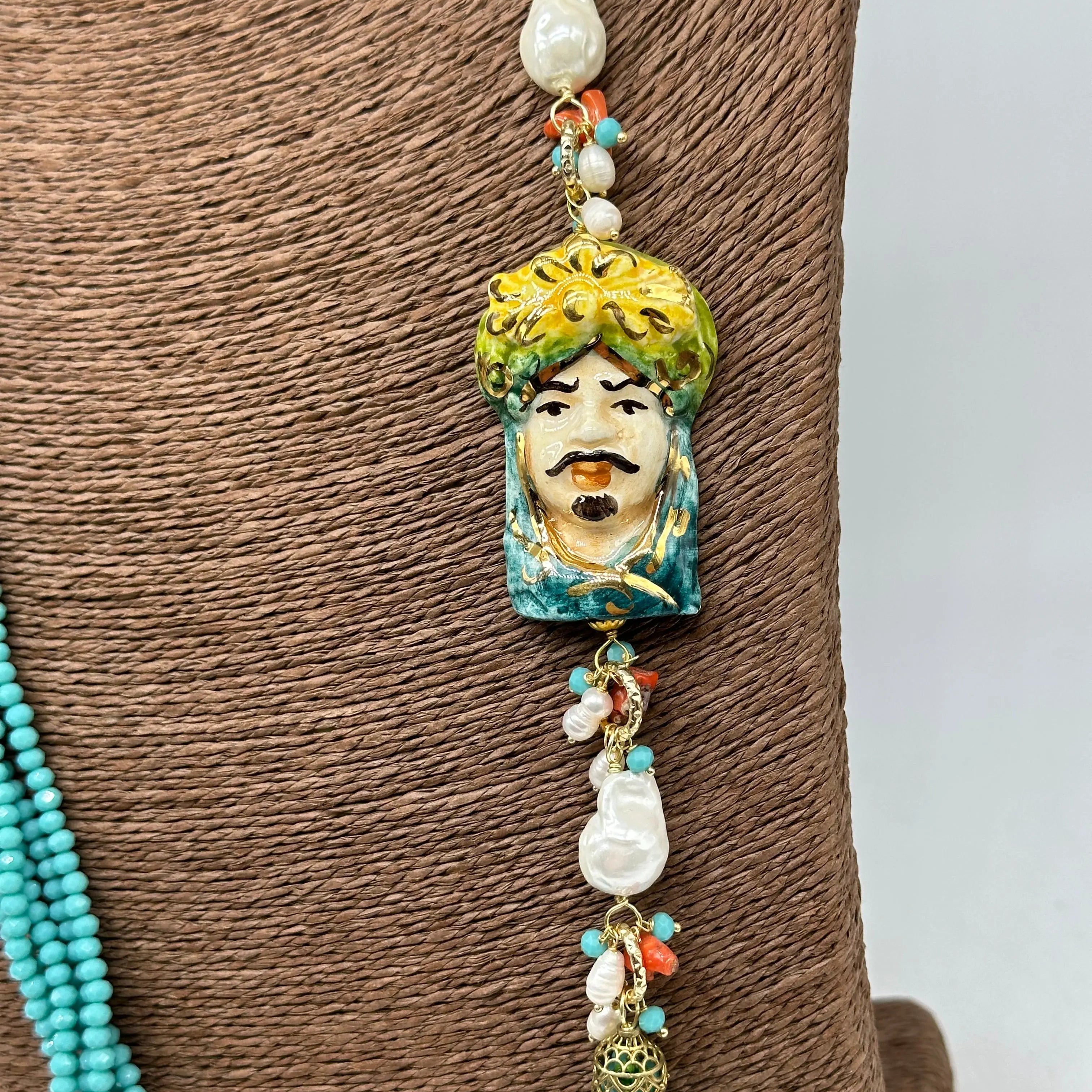 Collana Siciliana Testa di Moro Ceramica di Caltagirone Pietre Celeste DD CERAMICHE SICILIANE